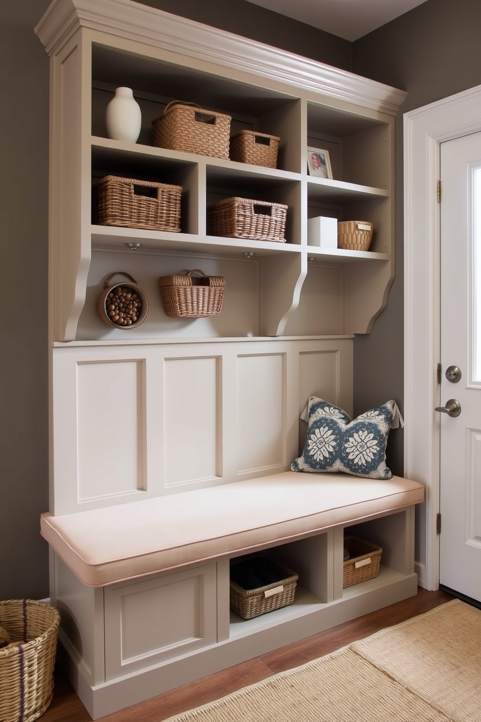 A stylish mudroom featuring a bench with integrated shelving above. The bench is upholstered in a soft fabric, while the shelving displays neatly organized baskets and decorative items.
