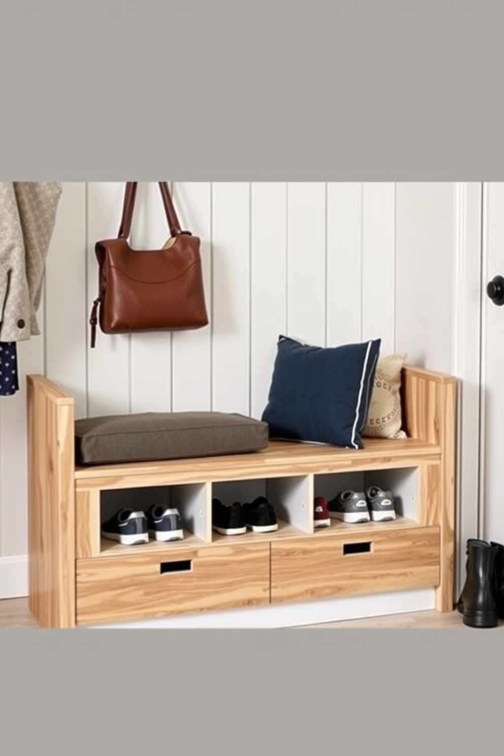 A multifunctional bench with hidden storage features a sleek wooden design that seamlessly integrates into a modern mudroom. The bench is adorned with soft cushions and has a spacious compartment underneath for storing shoes and outdoor gear.