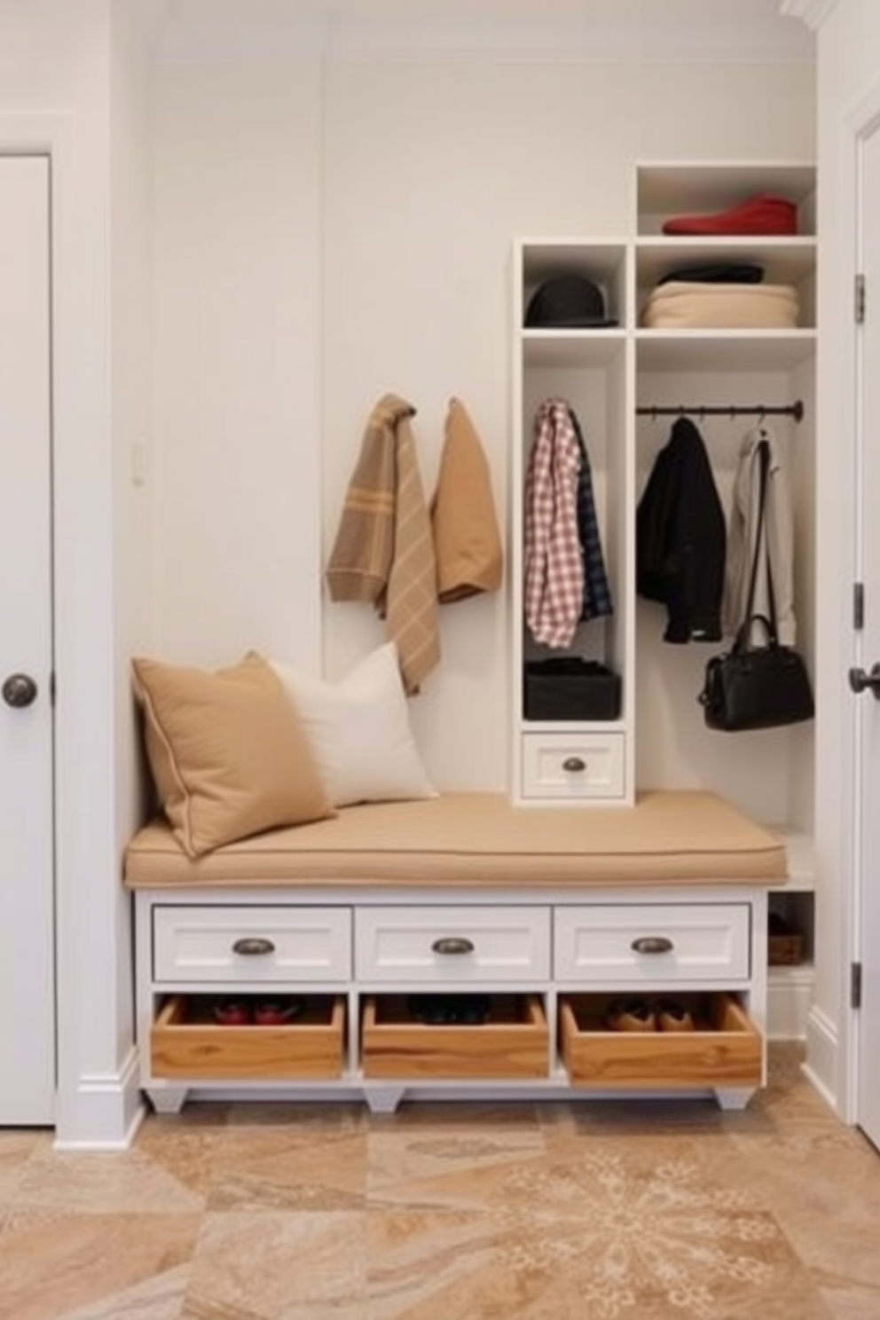 A cozy bench with soft cushions is positioned against the wall, providing a warm and inviting spot to sit. Beneath the bench, there is ample storage space with pull-out drawers for shoes and outdoor gear. The mudroom features a stylish closet with built-in shelving, perfect for organizing hats, coats, and bags. The walls are painted in a light, airy color, and the floor is covered with durable, easy-to-clean tiles.