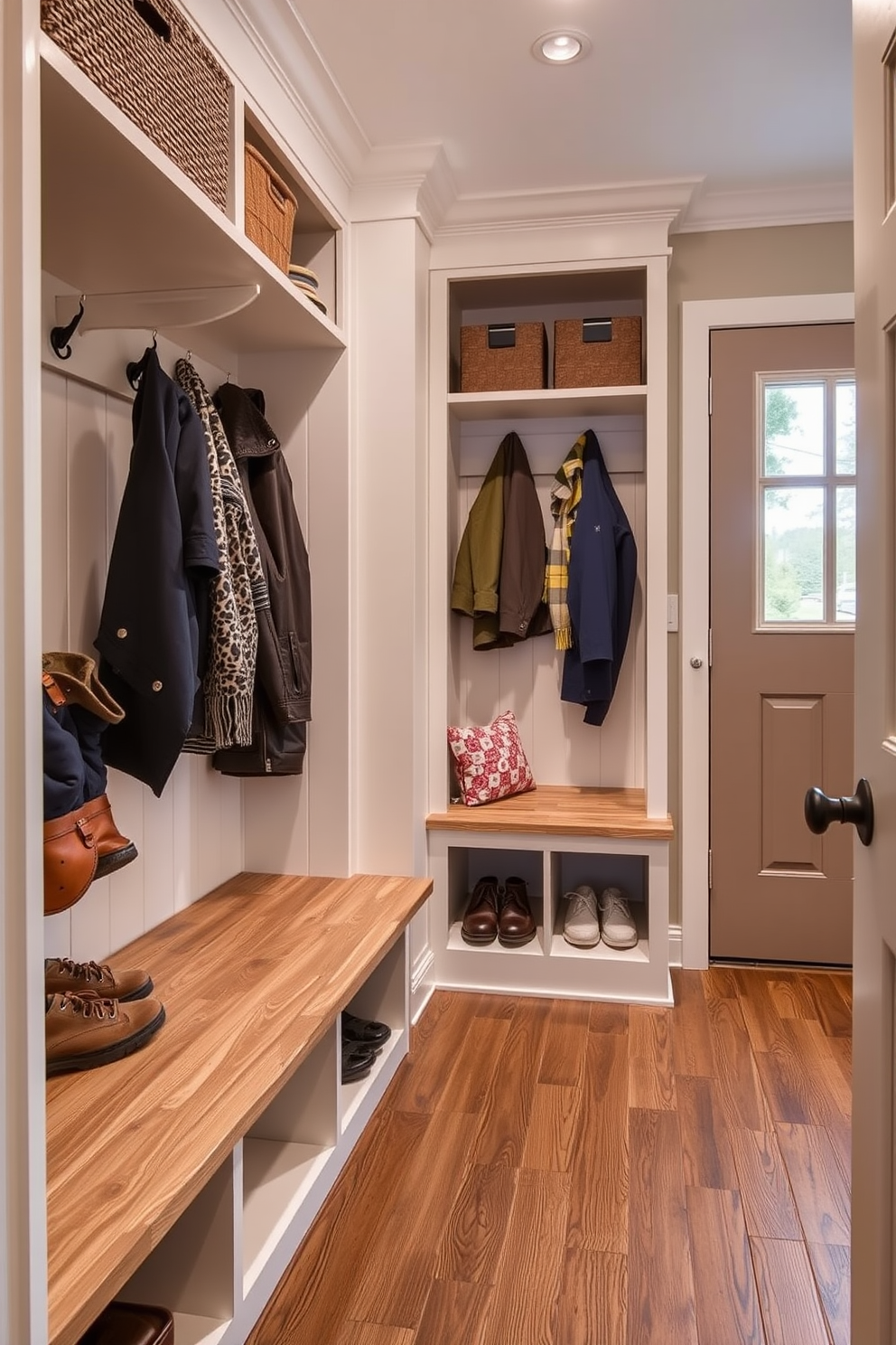 A functional mudroom with durable flooring designed for high traffic. The space features built-in cubbies for shoes and coats, complemented by a bench for easy seating.