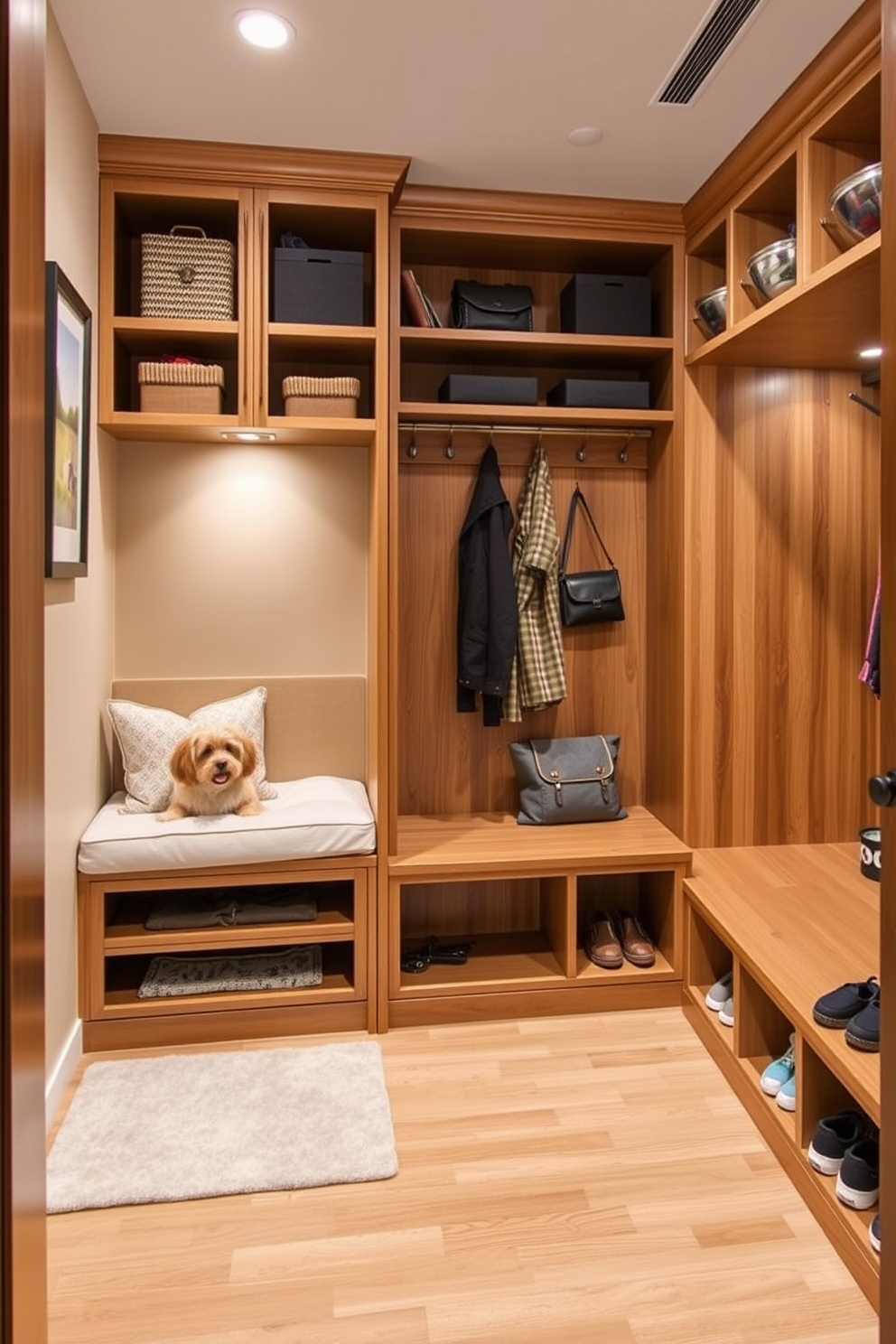 A cozy integrated pet area designed for furry friends. It features a built-in dog bed with plush cushions, a feeding station with stylish bowls, and storage for toys and accessories. A functional mudroom closet designed for organization. It includes hooks for coats, a bench for seating, and cubbies for shoes, all finished in a warm wood tone with soft lighting.