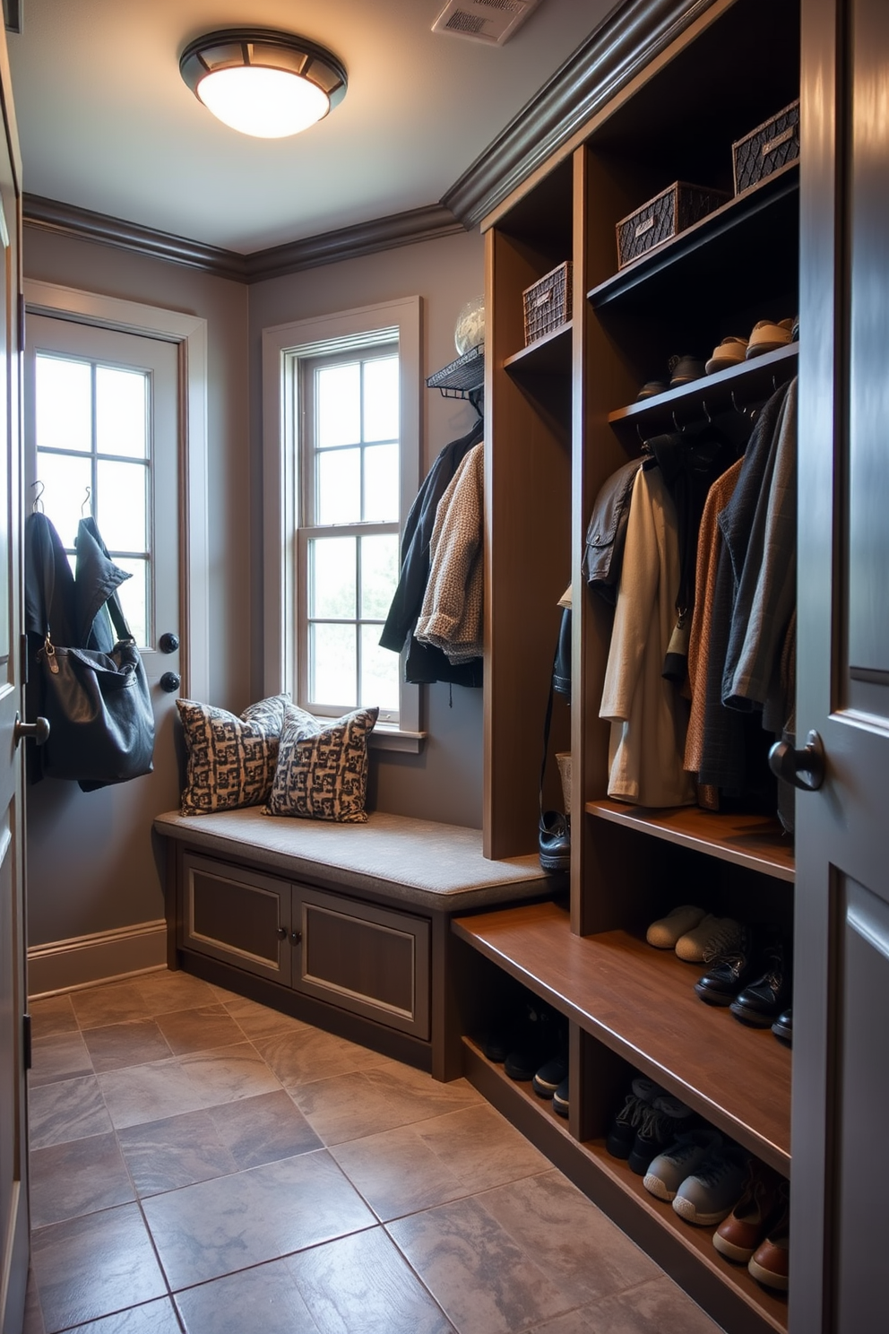 A cozy mudroom featuring a built-in bench with plush cushions for added comfort. The walls are lined with hooks for hanging coats and bags, while the floor is covered with durable, easy-to-clean tiles. The closet design includes ample shelving and storage solutions for shoes and outdoor gear. Natural light floods the space through a nearby window, creating an inviting atmosphere.