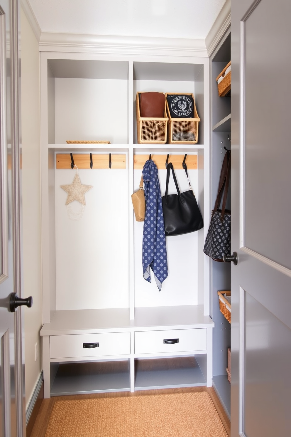 A functional mudroom closet features wall-mounted organizers for small items, maximizing space efficiency while keeping essentials easily accessible. The organizers are crafted from natural wood, complemented by hooks for coats and bags, and the closet is painted in a soft gray to enhance the bright entryway.