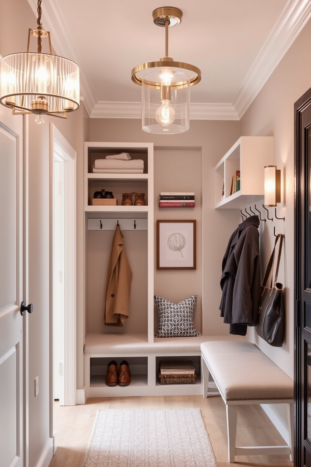 A collection of elegant lighting fixtures designed to create a bright and inviting ambiance. The fixtures include modern chandeliers, sleek pendant lights, and warm wall sconces that complement the overall decor. Innovative mudroom closet design ideas that maximize space and functionality. The closet features built-in shelving, hooks for coats, and a bench for seating, all designed with a stylish and organized aesthetic.