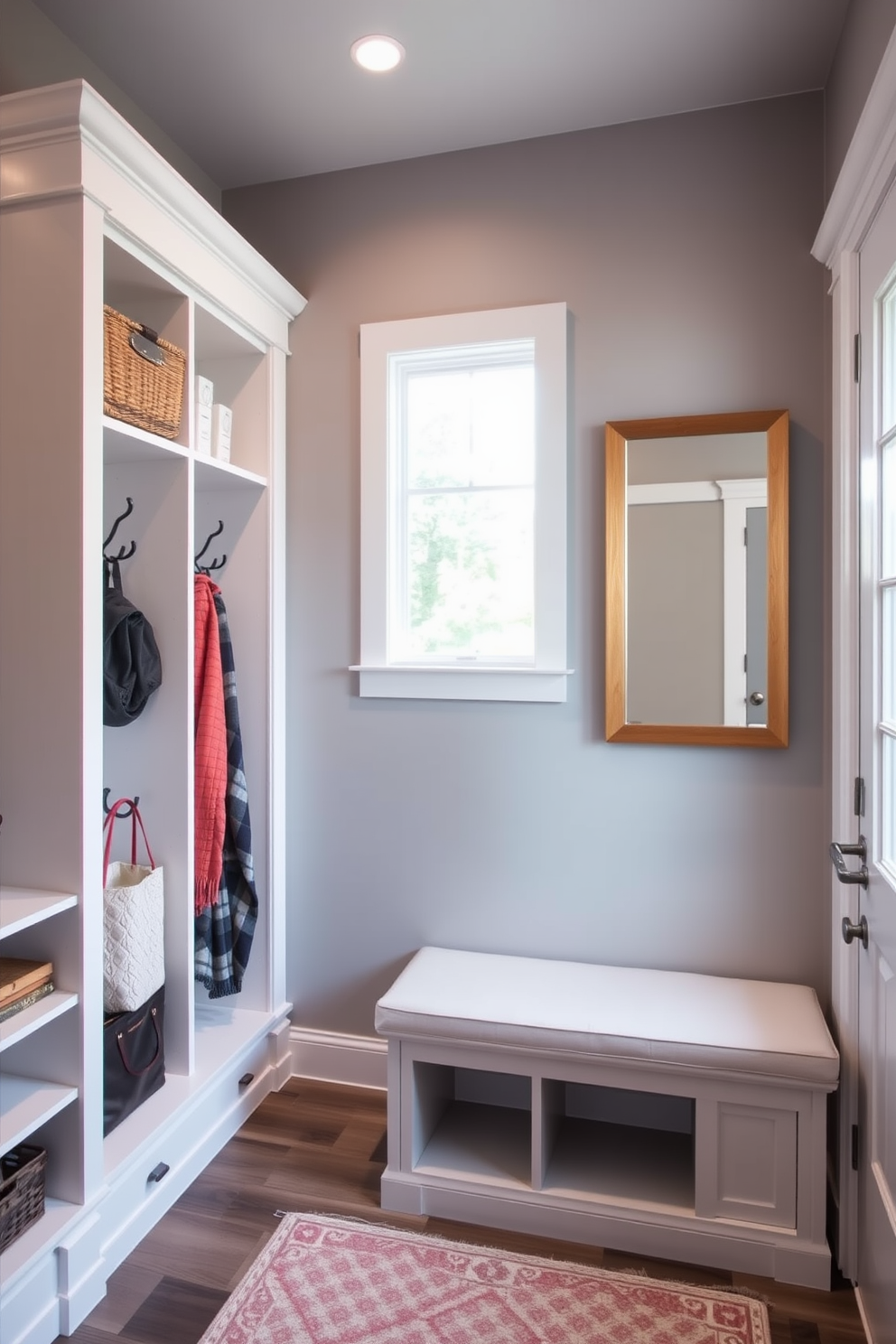 A stylish mudroom features a spacious closet with built-in shelving and hooks for organization. The walls are painted in a soft gray tone, and a bench with storage underneath provides a functional seating area. A large mirror is mounted above the bench, allowing for last-minute checks before heading out. Natural light floods the space through a nearby window, enhancing the welcoming atmosphere.