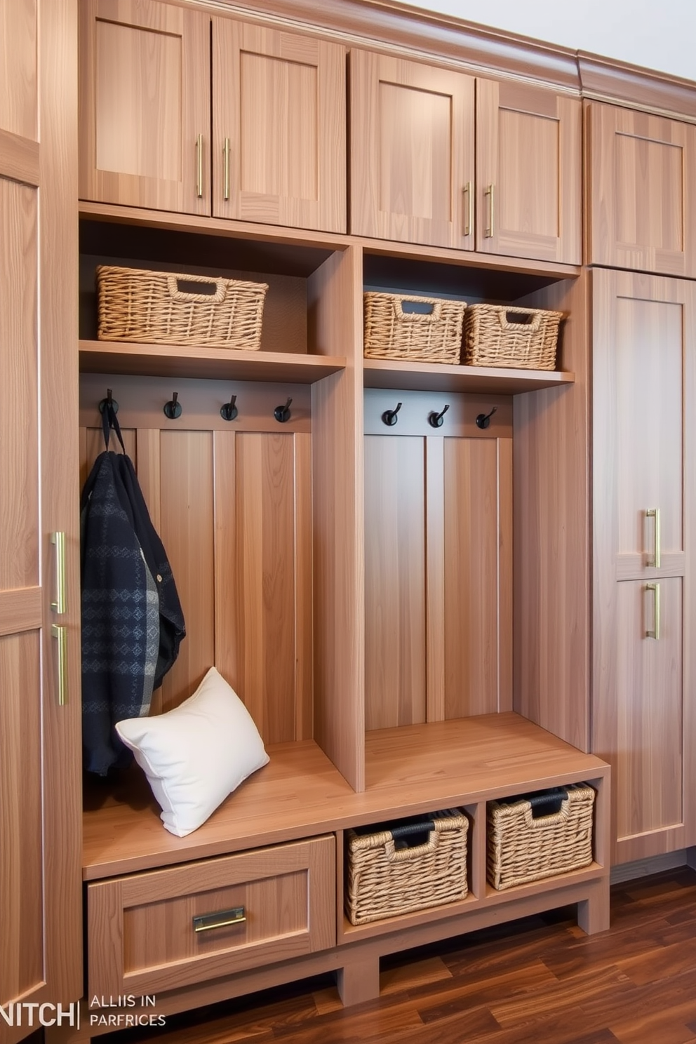 Custom cabinetry for a tailored look. The design features sleek lines and a blend of wood finishes that enhance functionality and style. Mudroom closet design ideas. The space includes built-in benches and hooks for easy organization, complemented by decorative baskets for added charm.
