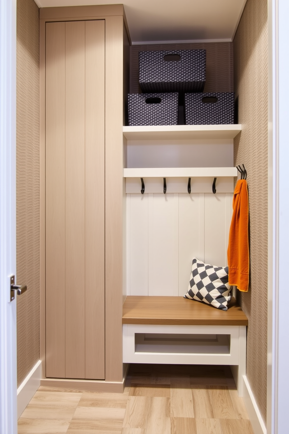 A stylish mudroom features textured wall paneling that adds depth and visual interest to the space. The closet is designed with built-in shelving and hooks for organization, complemented by a bench for convenience.