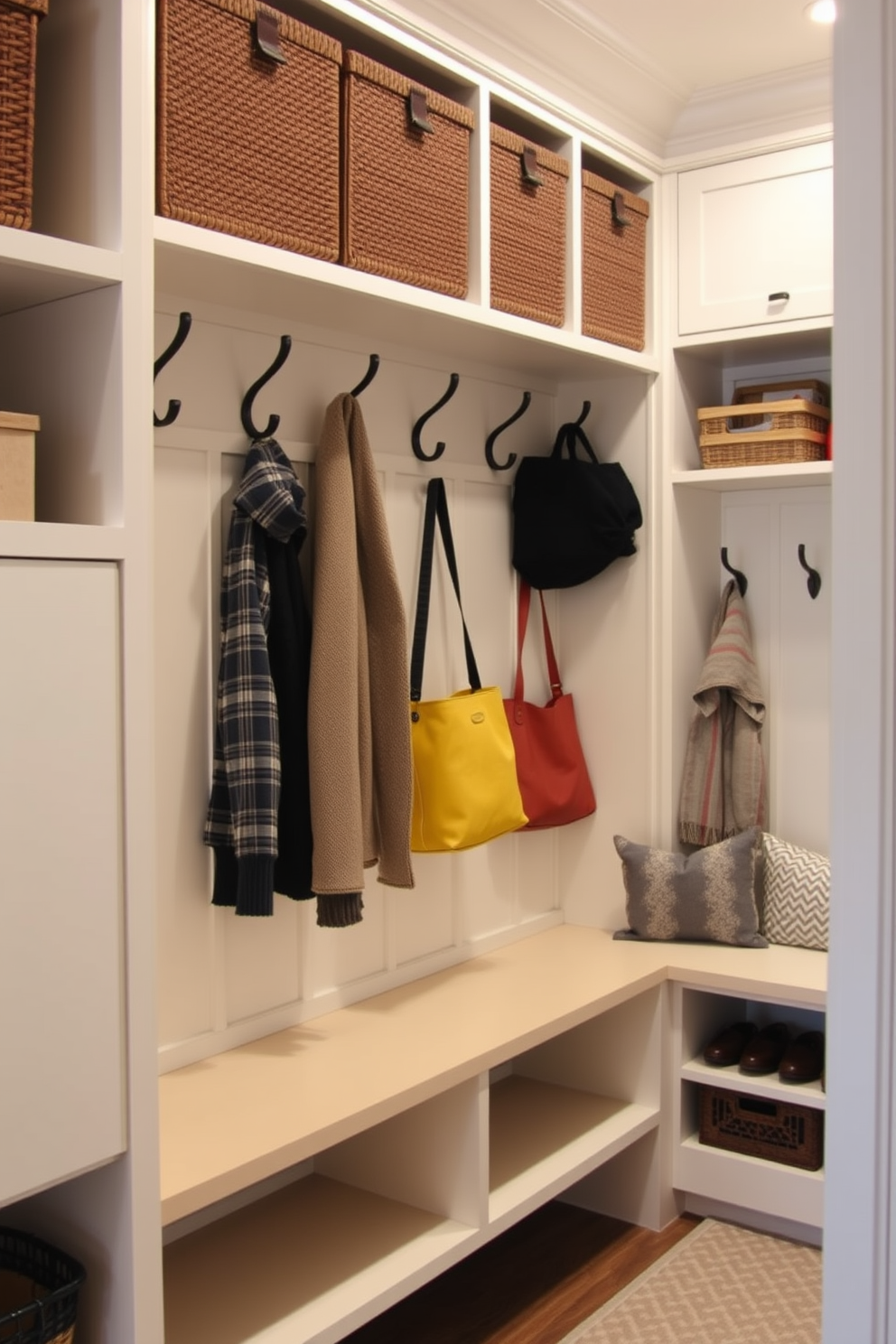 A functional mudroom closet features a series of stylish wall hooks for easy access to coats and bags. The space is designed with built-in shelving and a bench for seating, creating a welcoming and organized entryway.