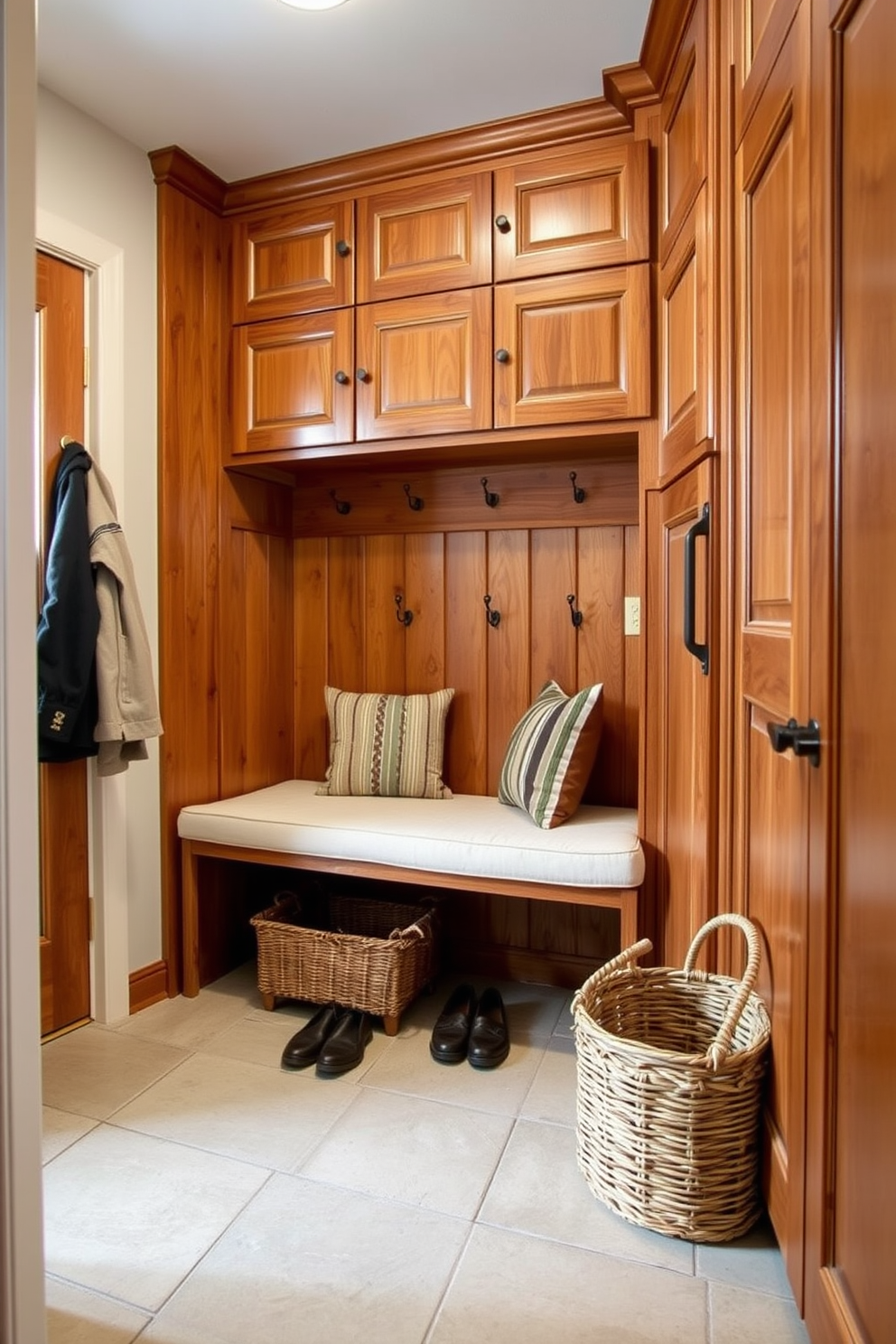 A cozy mudroom featuring natural wood cabinetry with a rich finish. The space includes a built-in bench with plush cushions and hooks for hanging coats, creating an inviting and functional area. Light-colored stone tile flooring complements the wooden elements, enhancing the warmth of the room. A woven basket sits on the floor, providing storage for shoes and outdoor gear, adding to the rustic charm.