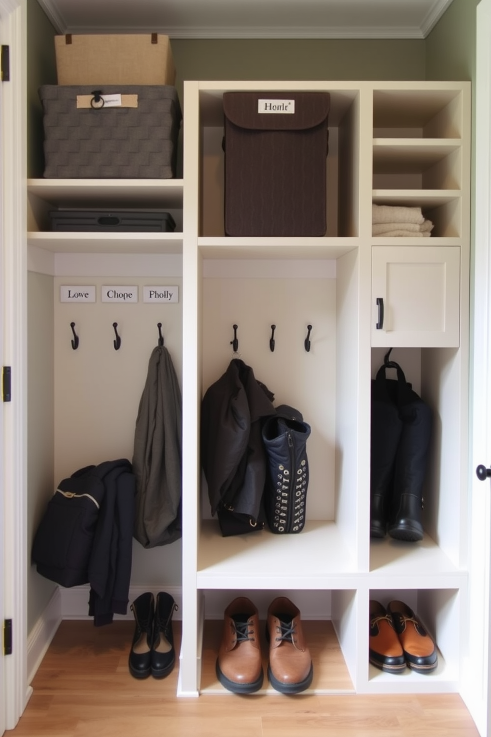 A functional mudroom closet features hooks with labels for each family member, ensuring easy organization and accessibility. The space is designed with a combination of open shelving and closed cabinetry, providing ample storage for shoes and outdoor gear.