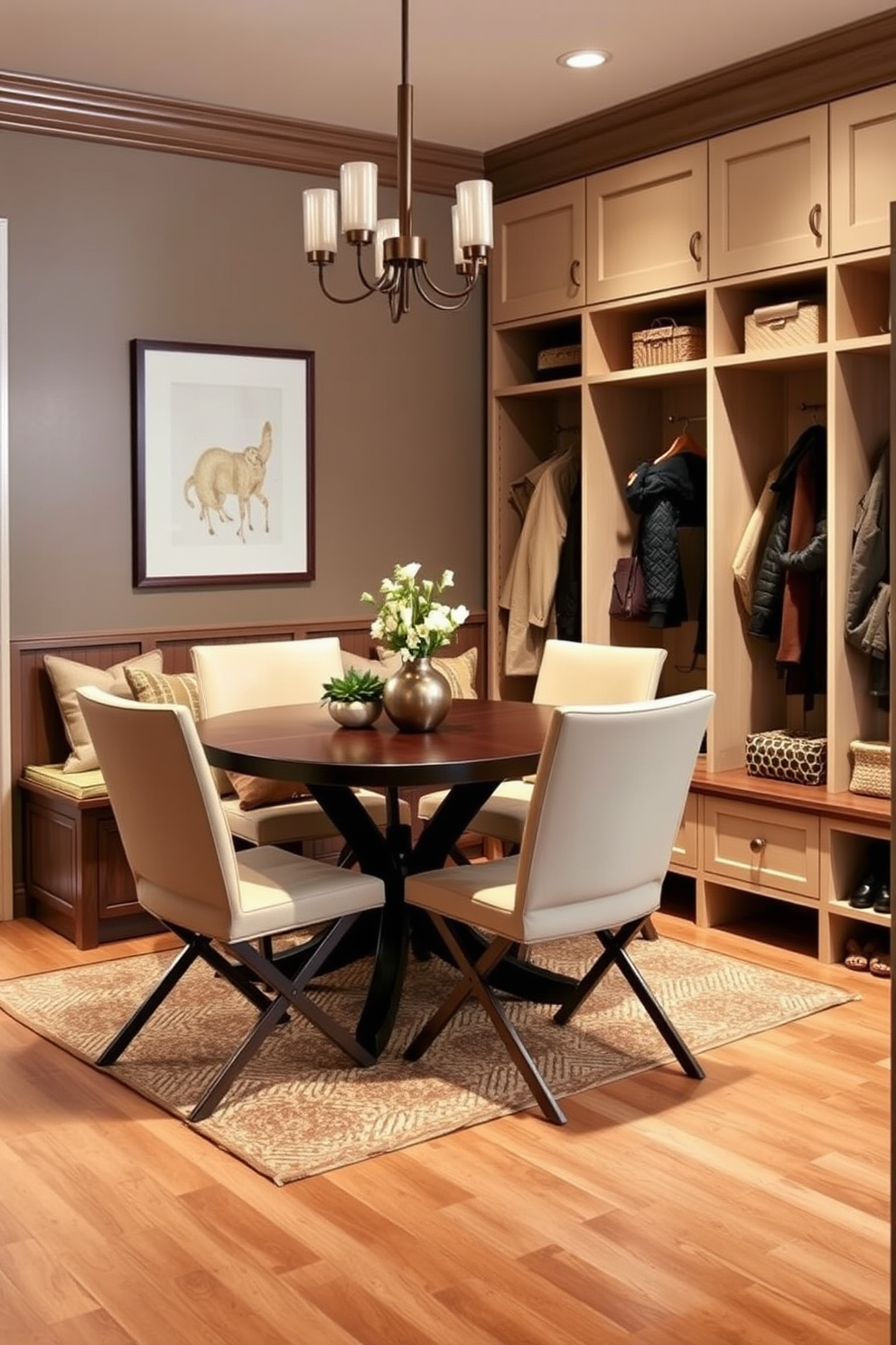 Foldable seating for extra guests. Imagine a cozy dining area featuring a stylish table surrounded by elegant foldable chairs that can be easily tucked away when not in use. Mudroom closet design ideas. Envision a functional mudroom with built-in storage benches, hooks for coats, and a sleek shoe rack, all designed in a warm, inviting color palette.
