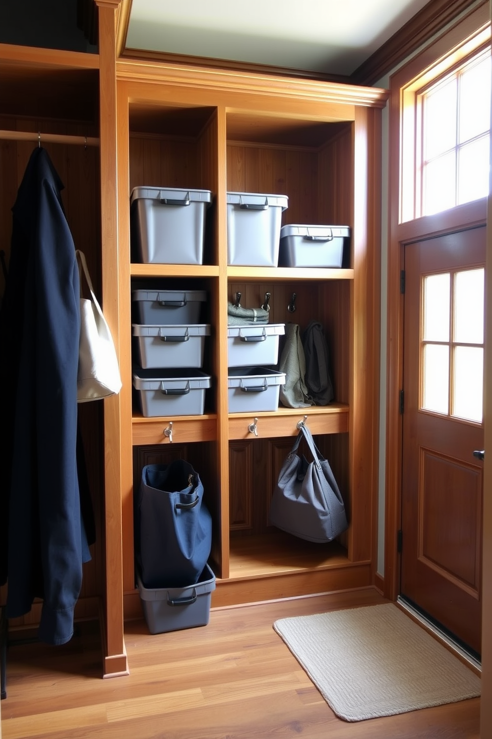 A stylish mudroom closet features color-coordinated storage bins neatly arranged on built-in shelves. The bins, in shades of navy, gray, and white, complement the warm wood tones of the shelving and flooring. The closet is equipped with hooks for hanging coats and bags, enhancing both functionality and organization. Natural light streams in through a nearby window, illuminating the space and creating a welcoming atmosphere.