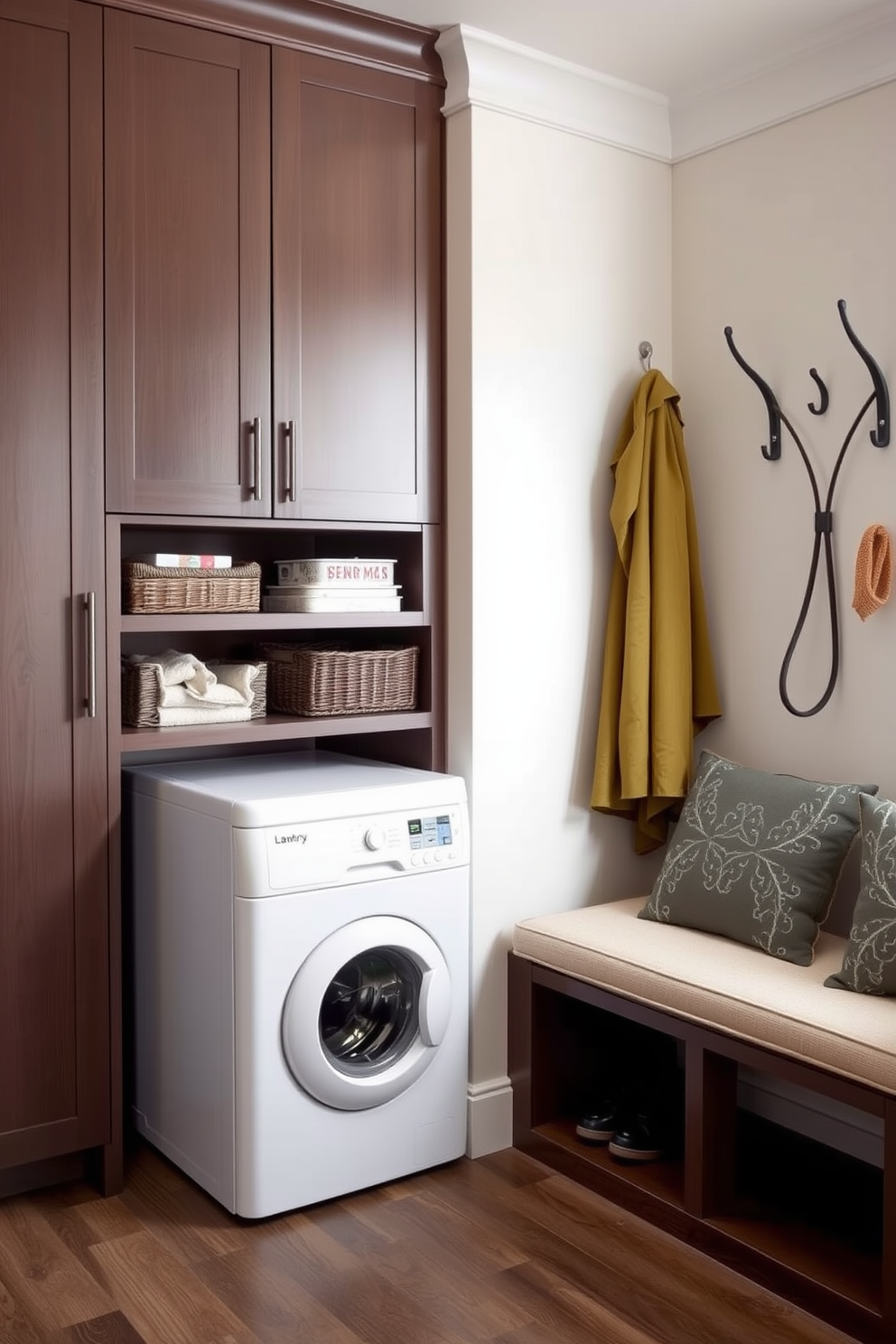 A hidden laundry hamper is integrated into the mudroom design for convenience and organization. The space features built-in cabinetry with a sleek finish, providing ample storage for shoes and outdoor gear. The mudroom includes a bench with comfortable cushions, perfect for putting on or taking off shoes. A stylish coat rack is mounted on the wall, enhancing functionality while maintaining an inviting aesthetic.
