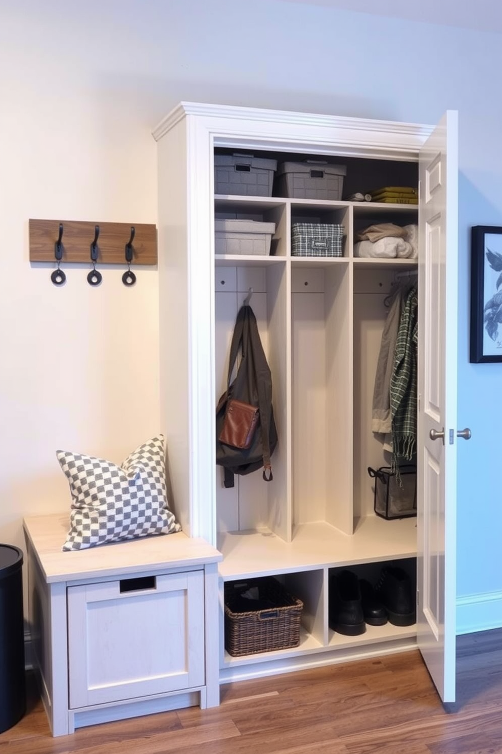 A multi-functional furniture piece that combines a bench and storage compartments. The design includes a sleek, modern aesthetic with neutral tones and durable materials for everyday use. A mudroom closet designed with ample shelving and hooks for organization. The space features a combination of open and closed storage options to keep the area tidy and functional.
