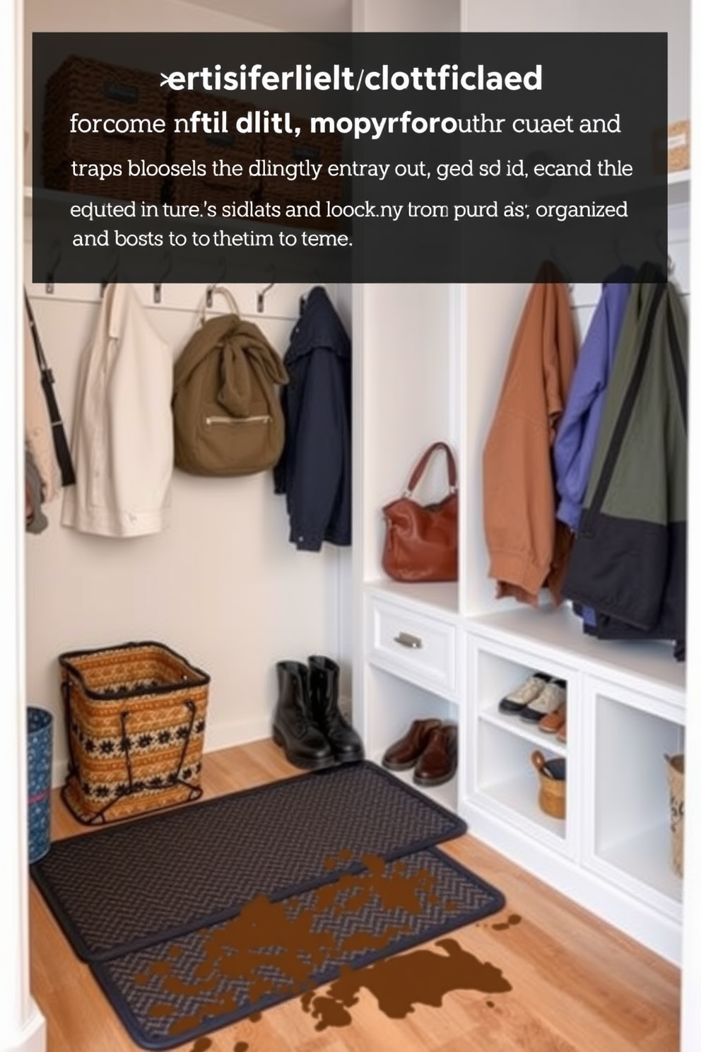 A functional mudroom designed for optimal dirt control features a durable entry mat that effectively traps dirt and moisture. The closet is equipped with built-in shelving and hooks for organized storage of shoes, coats, and outdoor gear.