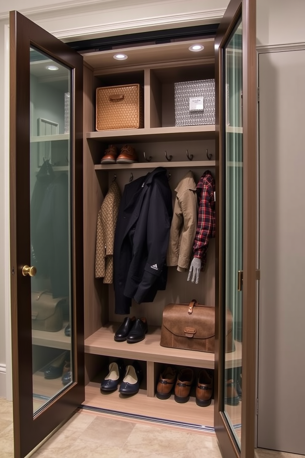 A stylish mudroom features elegant glass doors that showcase organized storage. Inside, custom shelving and hooks are arranged for easy access to shoes and outerwear.