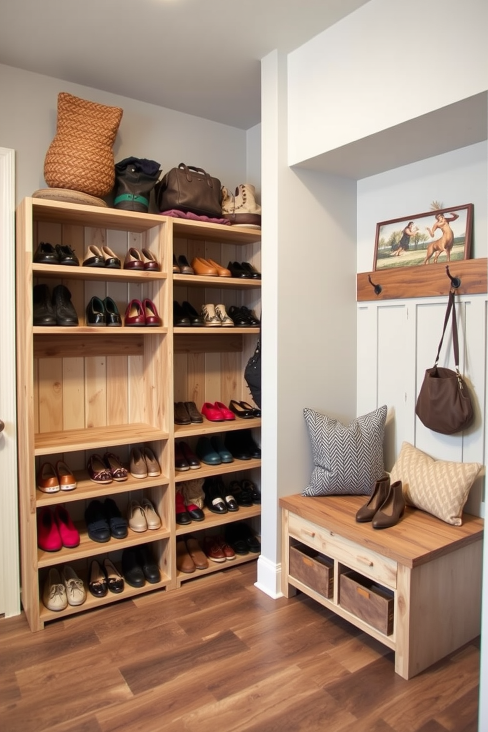 A stylish mudroom with open shelving designed for shoes and bags. The walls are painted in a light gray hue, and the flooring features durable wood planks. The open shelves are made of reclaimed wood and neatly display an array of colorful shoes and bags. To the side, a built-in bench with storage underneath provides a cozy spot for putting on or taking off footwear.