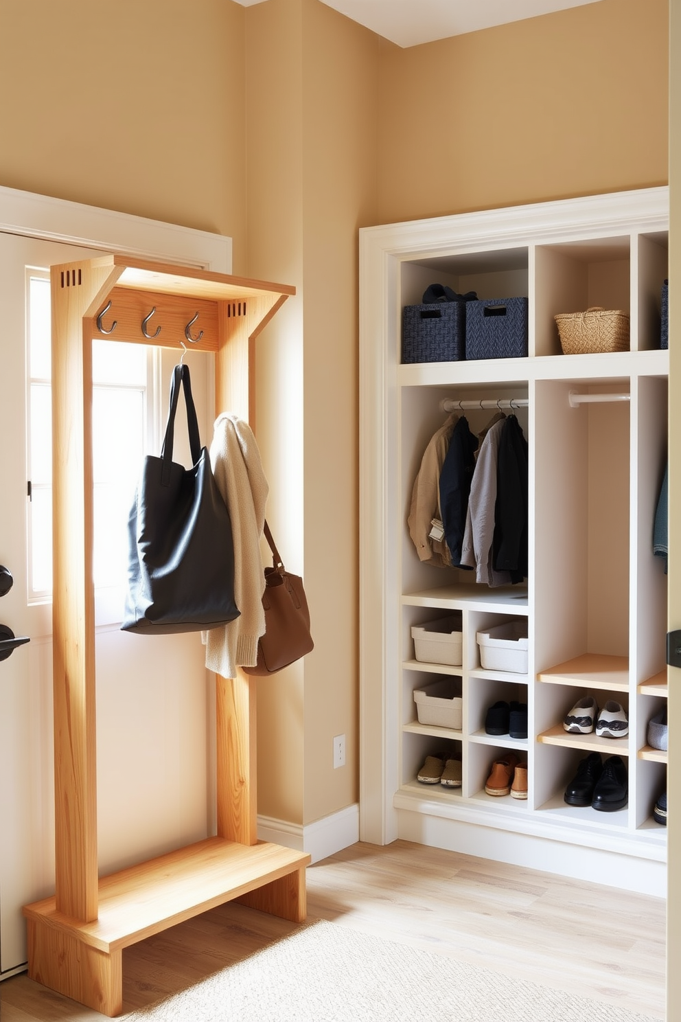 A stylish seasonal coat rack made of natural wood with hooks for hanging coats and bags. The rack is placed near a bright window, providing easy access to outerwear and accessories. A functional mudroom closet featuring built-in shelving and cubbies for shoes and storage bins. The closet is designed with a warm color palette and ample lighting to create an inviting entryway.