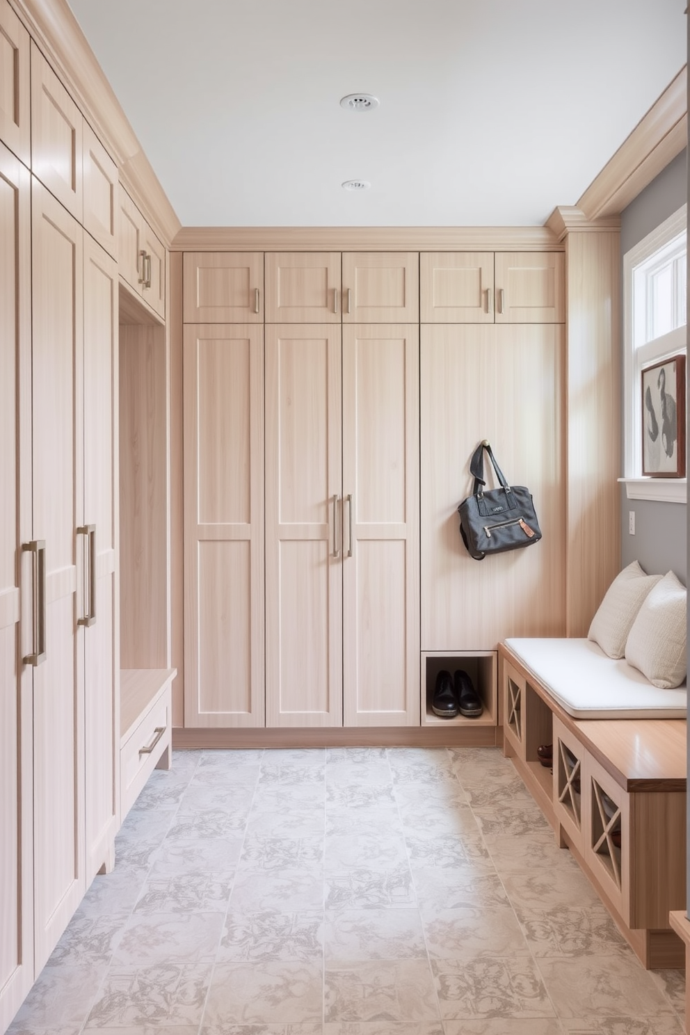 A spacious mudroom featuring built-in cabinets designed for hidden storage. The cabinets are crafted from light wood with sleek handles, providing a clean and organized look. On one side, a bench with soft cushions offers a comfortable spot to sit while removing shoes. The walls are painted in a soft gray, and the floor is covered with durable, patterned tiles that can withstand heavy foot traffic.