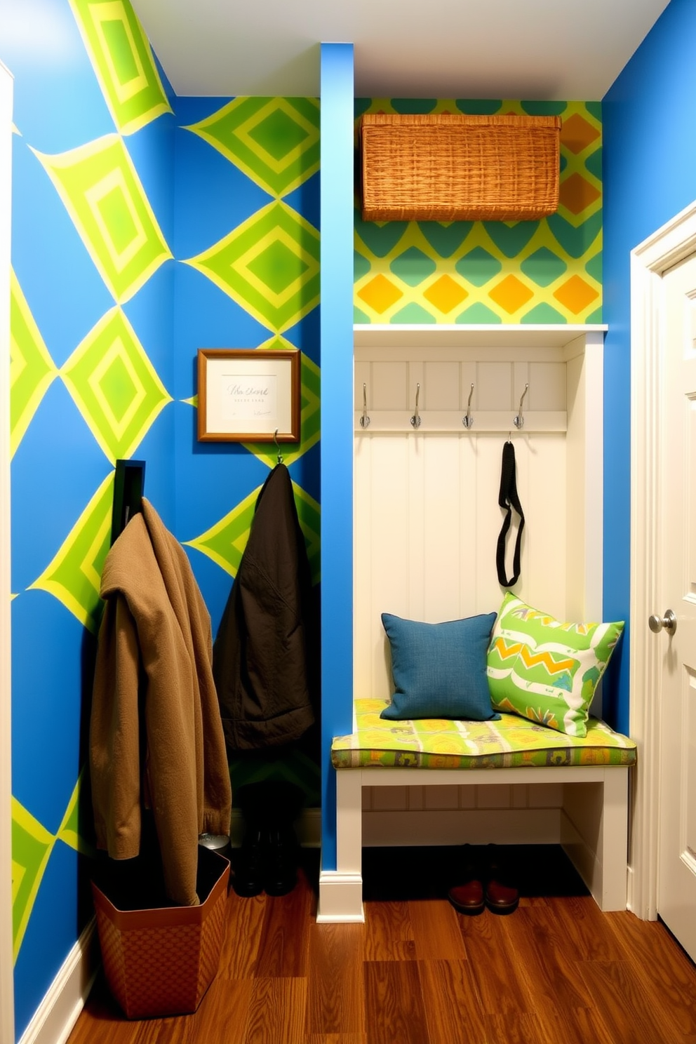A vibrant accent wall in a mudroom adds a pop of color and personality to the space. The wall features a bold geometric pattern in shades of blue, yellow, and green, creating an inviting atmosphere. The mudroom closet is designed with built-in shelving and hooks for organization. A comfortable bench with colorful cushions provides a perfect spot to sit while putting on shoes.