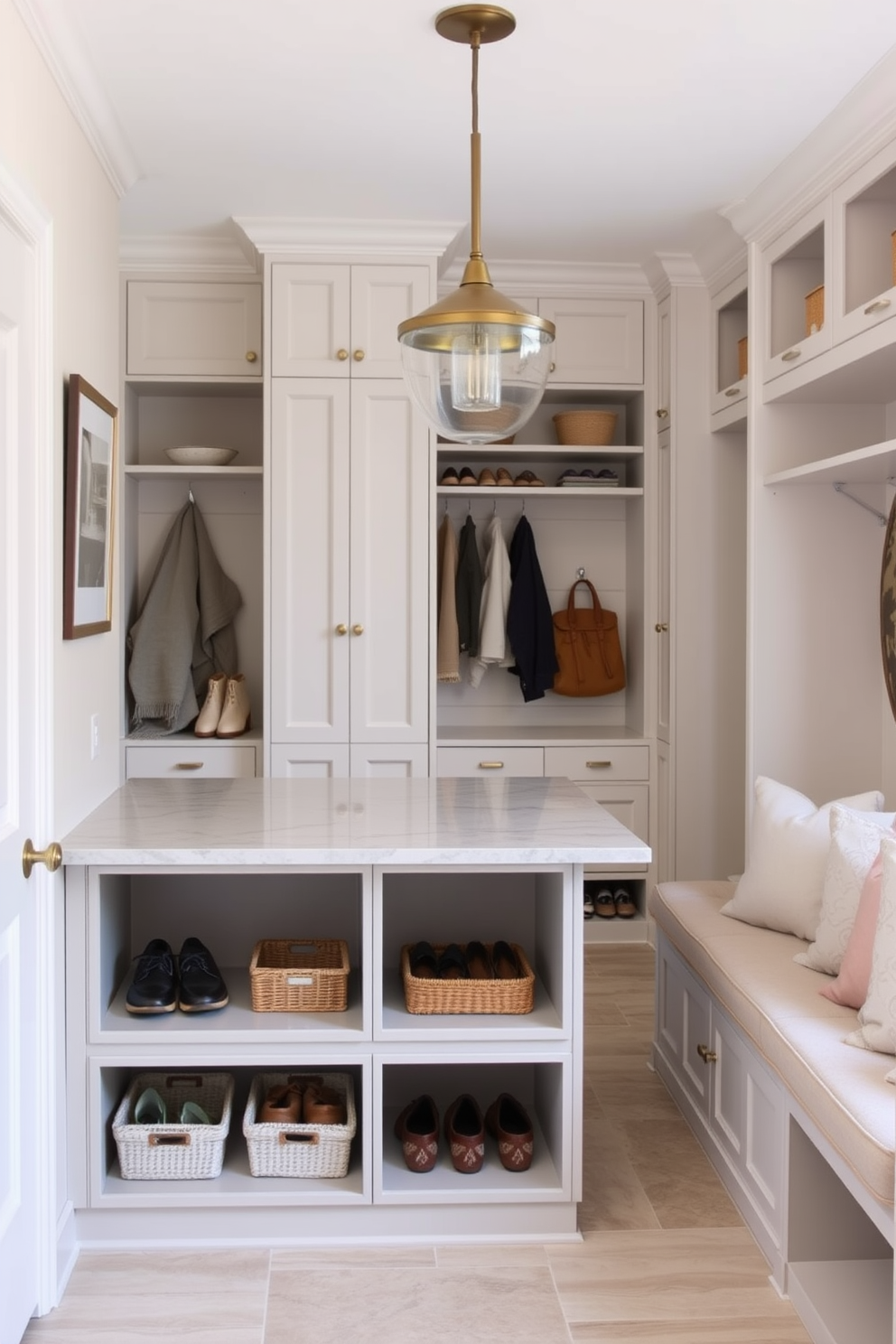 A functional mudroom island features a spacious countertop made of durable quartz, offering ample space for sorting mail and storing shoes. Below the countertop, there are open shelves and baskets for organized storage, complemented by a stylish pendant light hanging above. The mudroom closet design includes built-in cabinetry with a mix of hanging space and shelves, maximizing storage efficiency. Soft, neutral colors adorn the walls, while a bench with plush cushions provides a comfortable spot for putting on or taking off shoes.