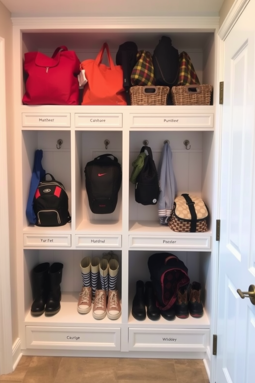 A functional mudroom closet features built-in cubbies designed for organized family gear. Each cubby is labeled for easy access, with hooks above for hanging jackets and bags.