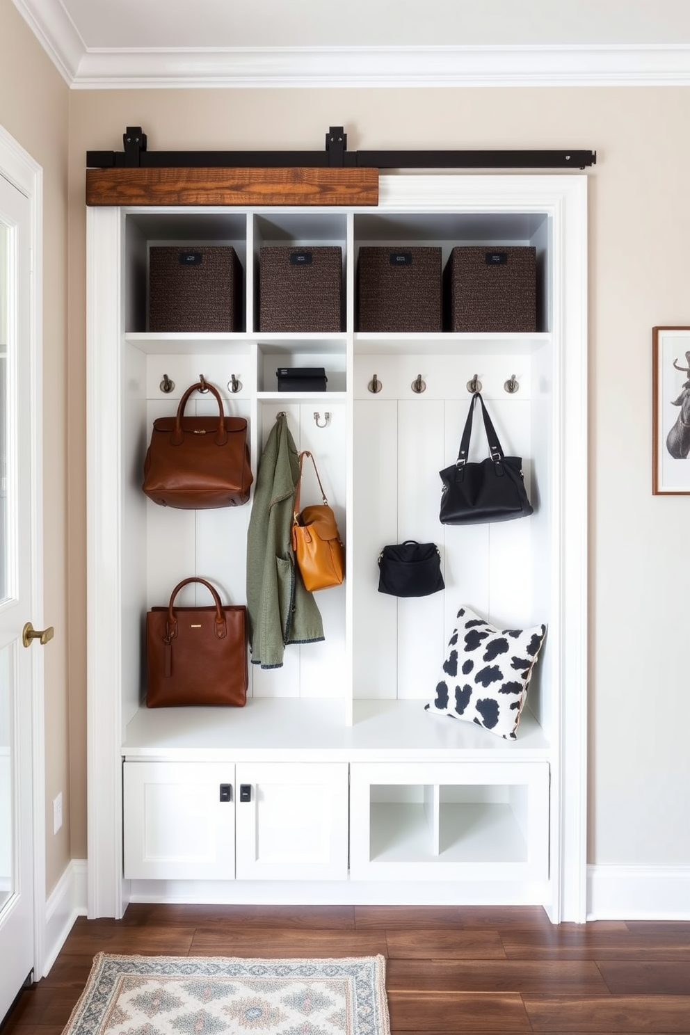 A stylish mudroom featuring a sliding barn door that seamlessly integrates into the design. The closet is organized with built-in shelves and hooks for coats and bags, complemented by a bench for convenience.