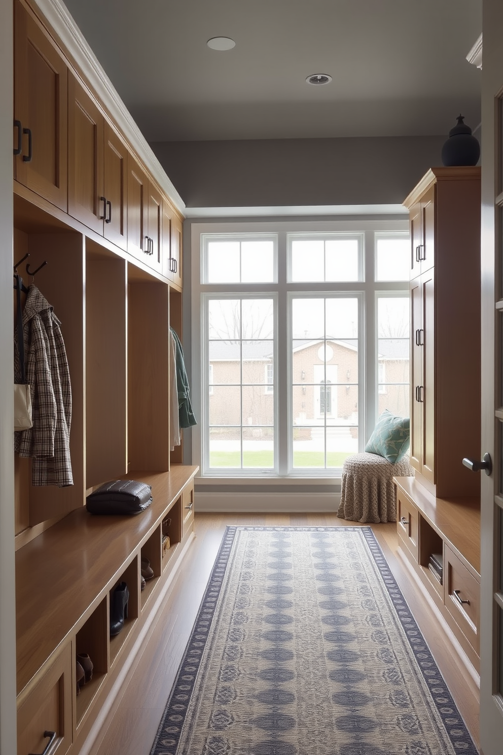 A spacious mudroom featuring custom cabinetry that maximizes storage and organization. The cabinetry includes built-in benches, hooks for coats, and cubbies for shoes, all in a warm wood finish. The walls are painted in a soft gray hue, creating a calming atmosphere. A patterned rug adds texture and warmth, while large windows allow natural light to flood the space.