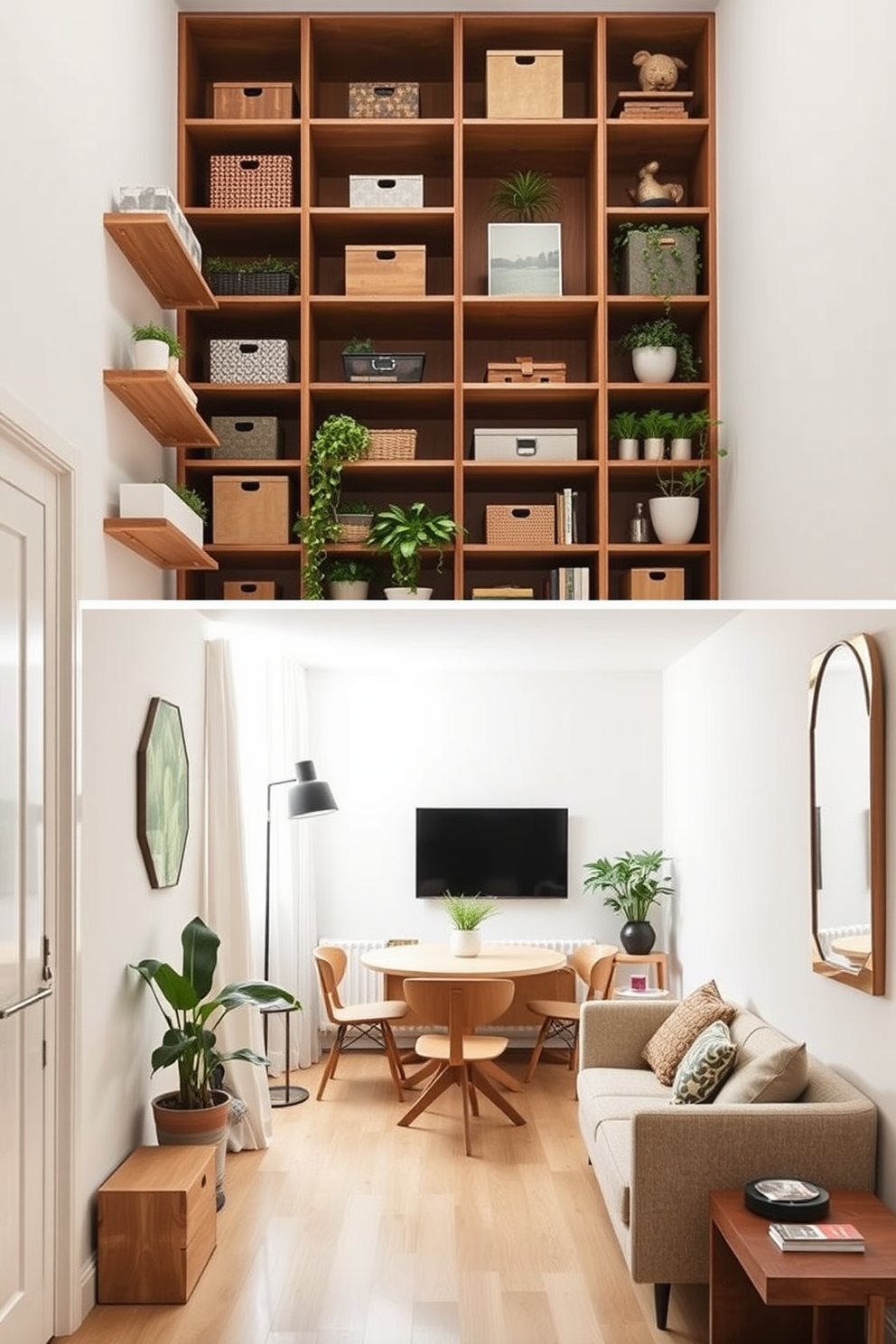 Maximize vertical storage by incorporating tall, open shelves that reach the ceiling. Use a combination of decorative boxes and plants to create visual interest while keeping the space organized. Consider a narrow apartment layout that features a multifunctional living area with a compact sofa and a foldable dining table. Use light colors and mirrors to enhance the feeling of spaciousness while maintaining a cozy atmosphere.