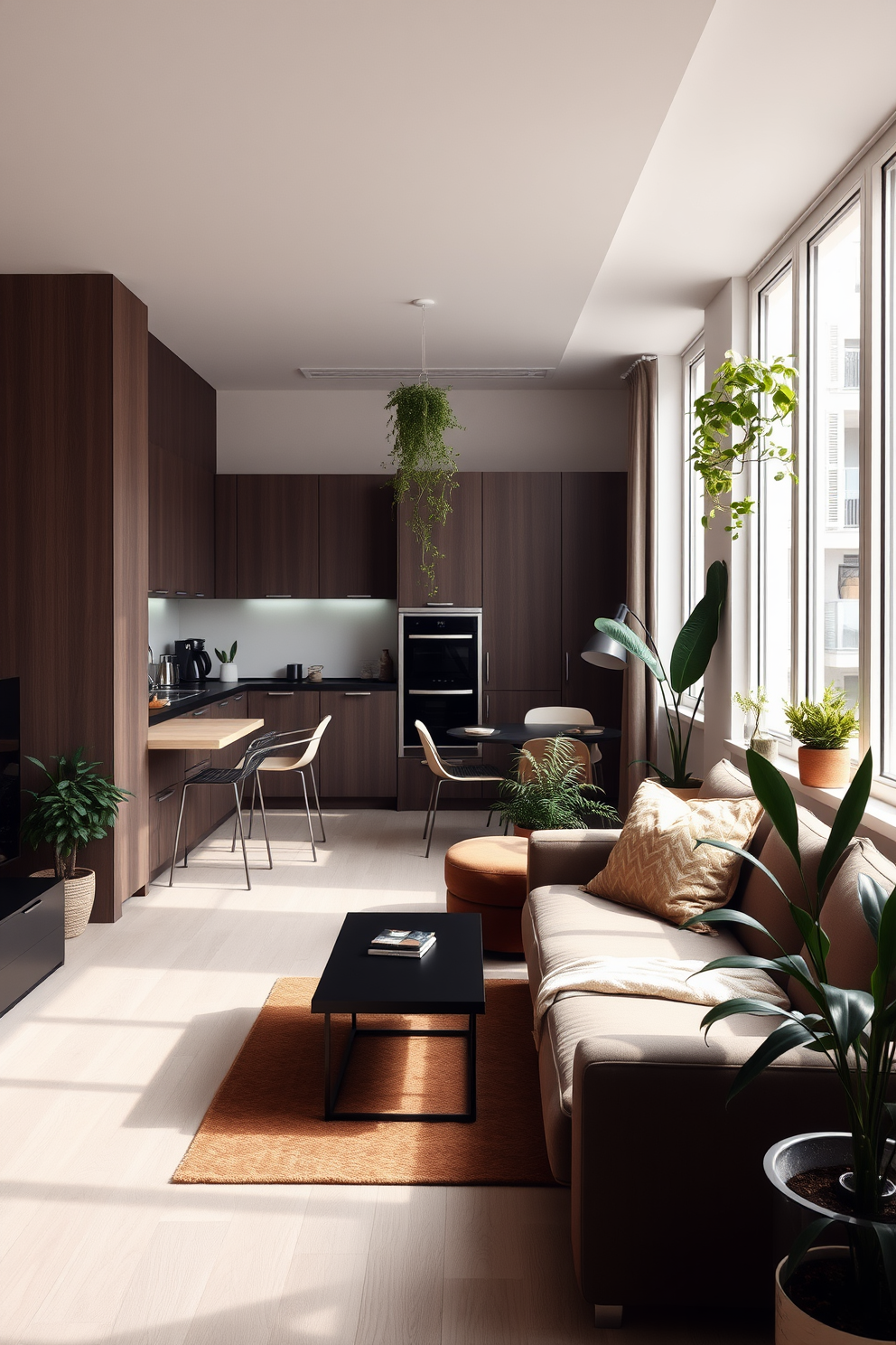 A narrow apartment featuring an open-plan living space with a cozy seating area that includes a plush sofa and a stylish coffee table. Large windows allow natural light to flood the room, and potted plants are strategically placed to create a fresh atmosphere. The kitchen area is designed with sleek cabinets and modern appliances, maximizing the use of vertical space. A small dining table with minimalist chairs complements the kitchen, and a few hanging plants add a touch of greenery above the table.
