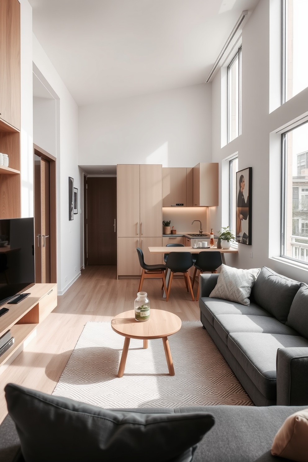 A narrow apartment designed with slimline furniture to maximize space. The living area features a compact sofa paired with a minimalist coffee table, creating an open and airy feel. The kitchen showcases sleek cabinetry and a small dining table that can double as a workspace. Large windows allow natural light to flood the space, enhancing the cozy atmosphere.