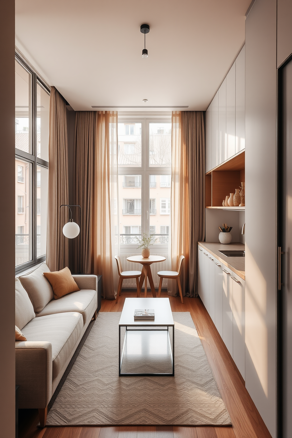 A narrow apartment design featuring an open-plan living area with a cozy sofa and a sleek coffee table. Large windows adorned with soft, flowing curtains allow natural light to fill the space, enhancing the warm atmosphere. The kitchen area showcases minimalist cabinetry and a small dining table that maximizes functionality. A carefully chosen color palette of soft neutrals brings a sense of harmony and spaciousness to the compact layout.