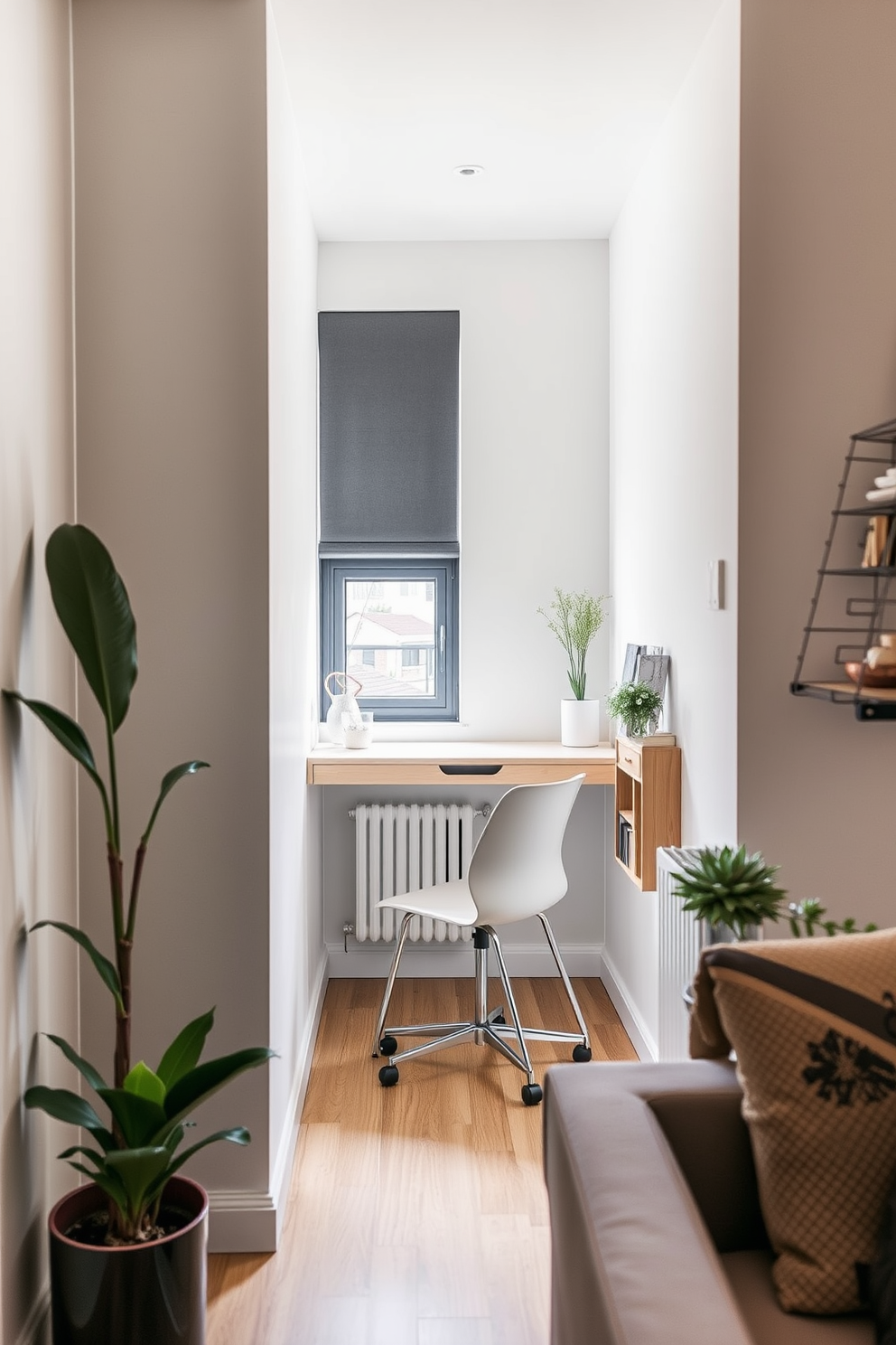 A stylish narrow apartment design featuring a compact home office nook integrated into the living area. The nook includes a sleek desk with a minimalist chair, positioned by a window to maximize natural light and productivity. The walls are painted in a soft neutral tone, creating a calming atmosphere. A small bookshelf and decorative plants add personality while maintaining a sense of spaciousness in the apartment.