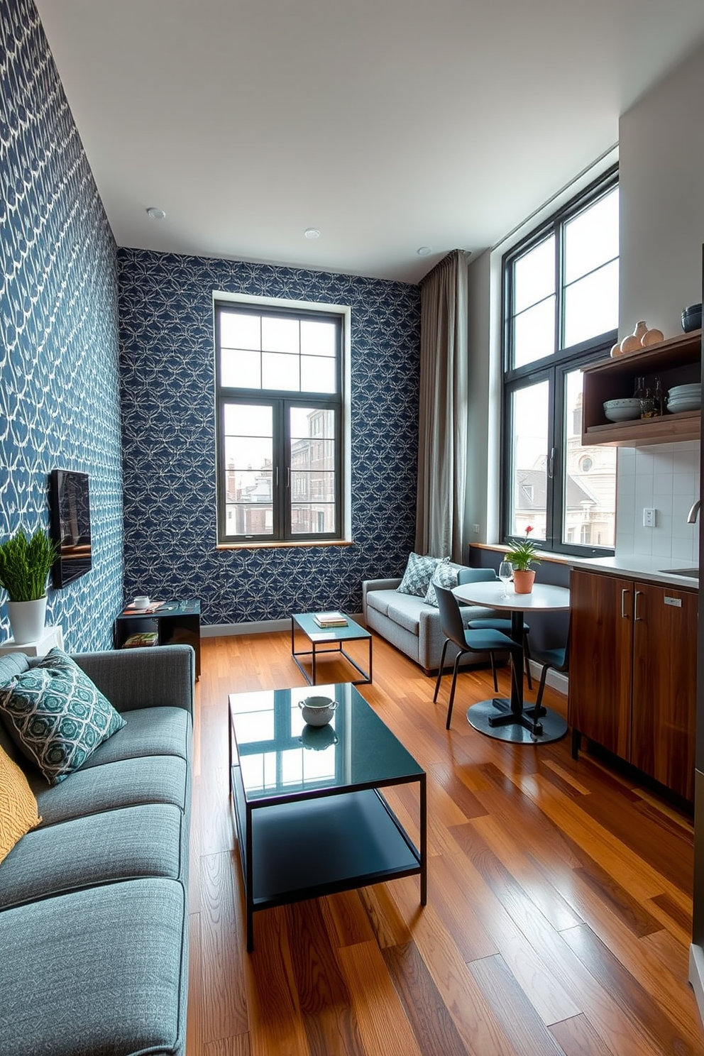 A stylish narrow apartment featuring removable wallpaper with a geometric pattern that adds depth and character to the space. The living area is designed with a compact sofa and a sleek coffee table, creating an inviting atmosphere while maximizing functionality. The kitchen showcases open shelving adorned with decorative dishware, paired with a small dining table that accommodates two. Natural light streams in through large windows, enhancing the warm tones of the wooden flooring and the vibrant colors of the wallpaper.