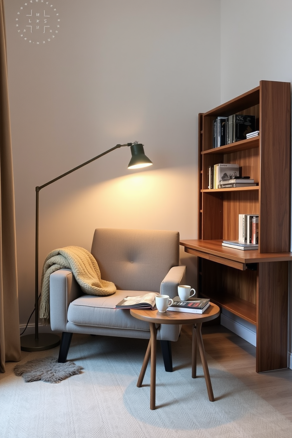 A cozy reading corner featuring a plush armchair in a soft fabric with a warm throw draped over one side. Next to the chair, a small wooden side table holds a stack of books and a steaming cup of tea, while a floor lamp casts a gentle glow over the space. Narrow apartment design ideas should include space-saving furniture that combines style and functionality. Consider a foldable desk that can be tucked away when not in use, paired with a sleek bookshelf that uses vertical space efficiently.