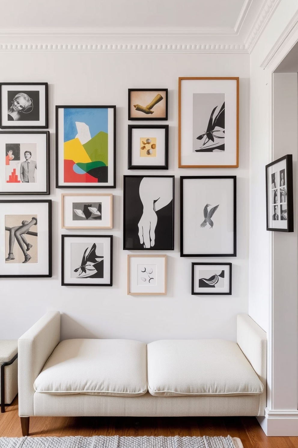 Create a gallery wall featuring a mix of framed art pieces in various sizes and styles. Incorporate colorful abstract paintings, black and white photography, and textured textiles to create visual interest. Design a narrow apartment that maximizes space while maintaining a stylish aesthetic. Use multifunctional furniture, light color palettes, and strategic lighting to enhance the feeling of openness.