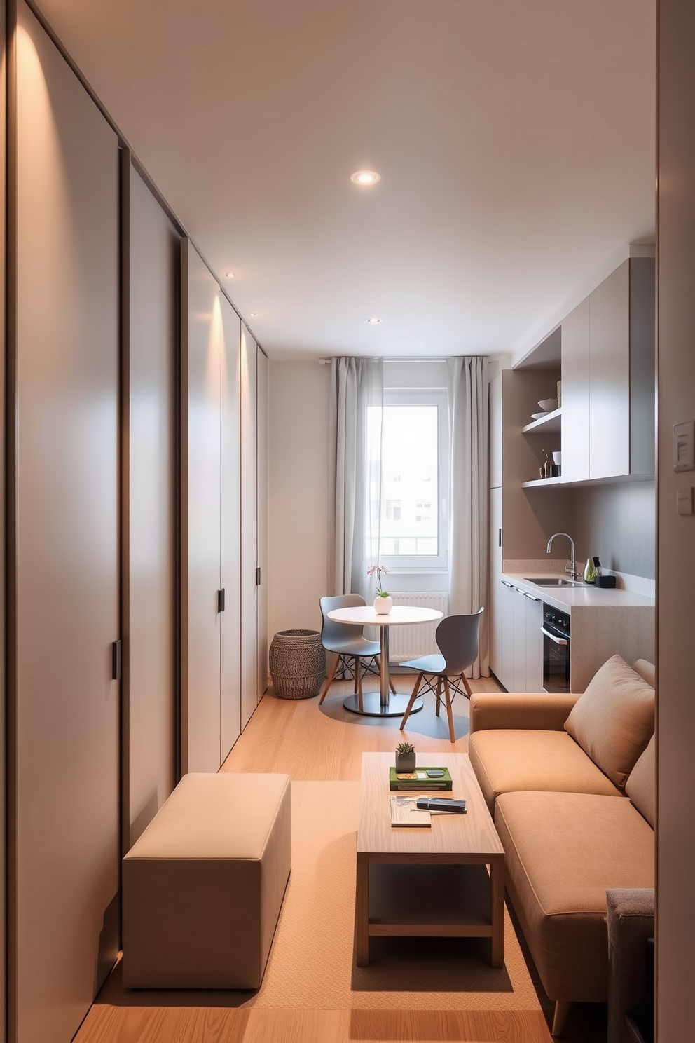 A narrow apartment design featuring pocket doors that seamlessly blend into the walls to save space. The living area showcases a minimalist aesthetic with a compact sofa and a multifunctional coffee table that doubles as storage. The kitchen is designed with sleek cabinetry and open shelving to maximize storage while maintaining an airy feel. A small dining nook with a round table and two chairs is positioned near the window, allowing for natural light to brighten the space.