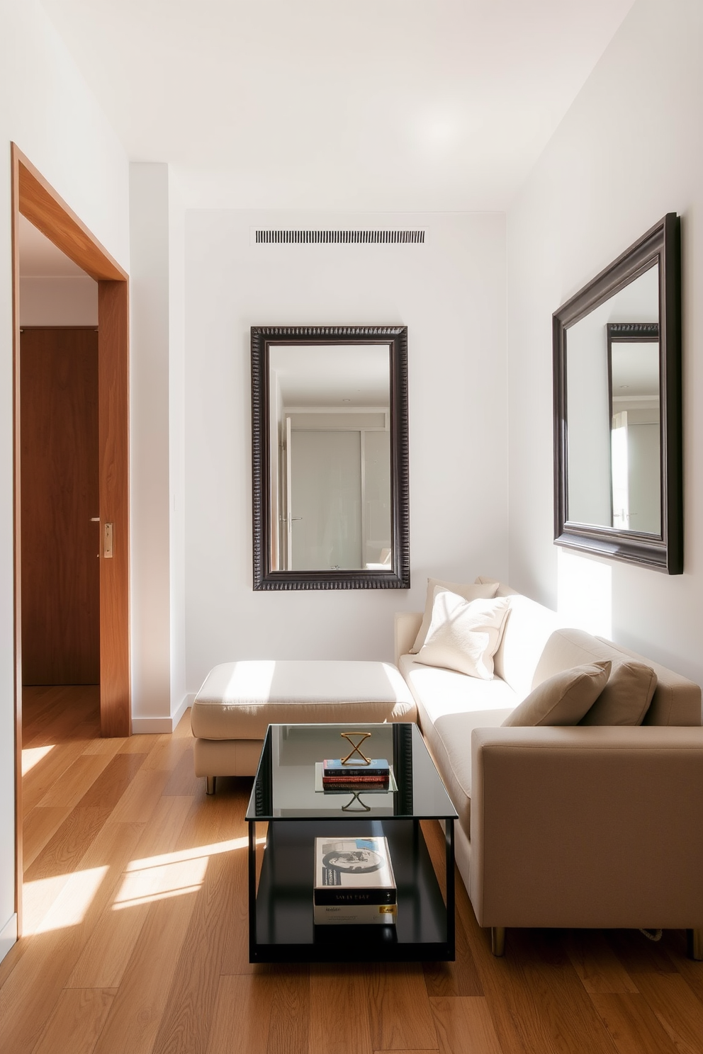 A narrow apartment design that maximizes space while maintaining a cozy atmosphere. The living area features a sleek, modular sofa positioned against a light-colored wall, complemented by a glass coffee table that reflects natural light. Incorporate mirrors strategically to enhance the sense of openness in the room. A large, framed mirror hangs opposite a window, creating an illusion of depth and allowing sunlight to bounce around the space.