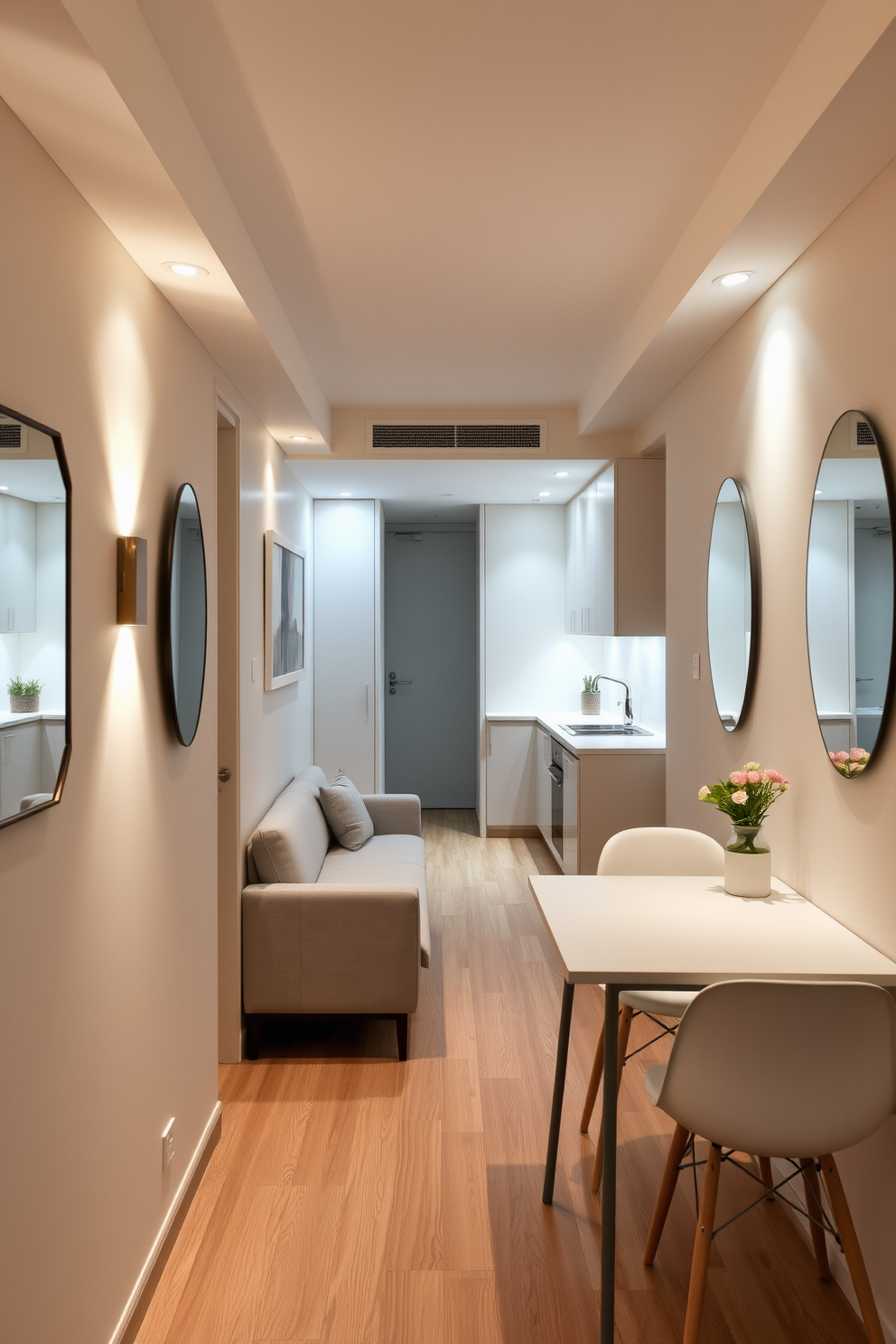 A narrow apartment design featuring a cozy living area with a sleek sofa against the wall. Wall-mounted lighting fixtures illuminate the space, creating a warm and inviting atmosphere. The kitchen is designed with minimalist cabinetry and a compact dining table that maximizes functionality. A soft color palette enhances the sense of openness, while strategically placed mirrors reflect light throughout the room.