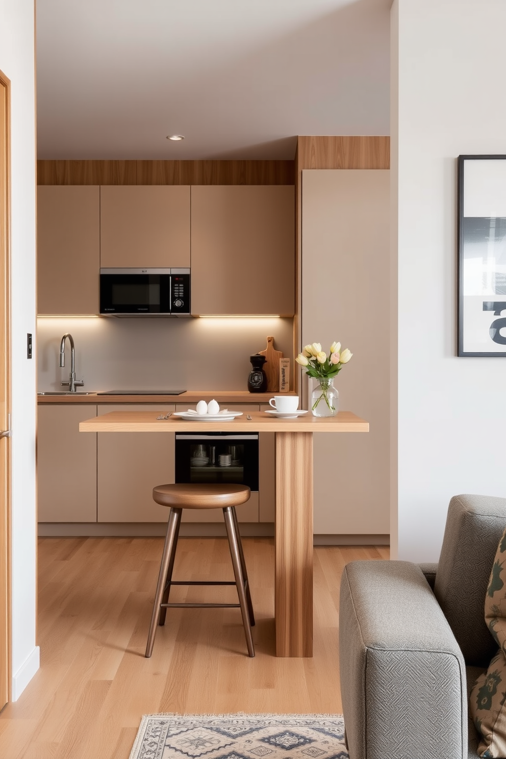 A narrow apartment design featuring a cozy small breakfast bar seamlessly integrated into the kitchen space. The bar is adorned with stylish stools and surrounded by warm wood accents, creating an inviting atmosphere for morning meals.