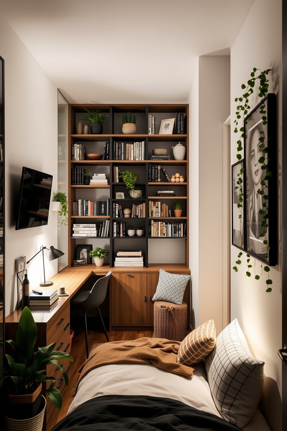 A narrow apartment features a cozy living area with a built-in corner shelving unit that maximizes vertical space. The shelves are filled with books, decorative items, and plants, creating an inviting atmosphere. The bedroom showcases a compact layout with a corner desk that doubles as a workspace and a nightstand. Soft lighting illuminates the area, enhancing the sense of openness despite the limited square footage.