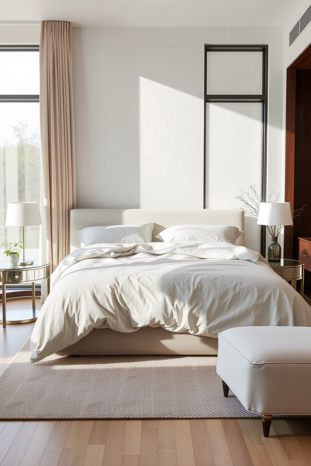 Create a serene bedroom with soft linens in calming neutral tones. The space features a plush bed adorned with light gray and white bedding, complemented by a pair of elegant nightstands on either side. Incorporate narrow apartment design ideas by utilizing vertical storage solutions and multi-functional furniture. Large windows allow natural light to flood the room, enhancing the airy and open feel of the space.