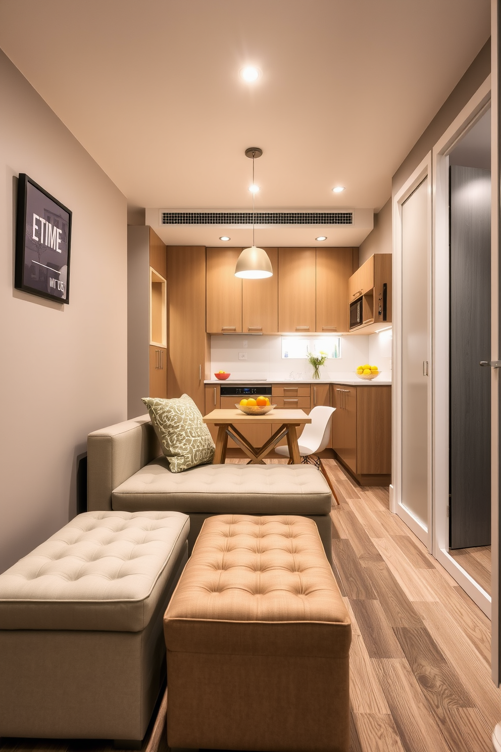 A narrow apartment features a cozy living area with a sleek sofa positioned against the wall. In front of the sofa, stylish storage ottomans are arranged to provide extra seating while also serving as functional storage solutions. The kitchen area is designed with compact cabinetry and a small dining table that maximizes space. Bright accents and clever lighting enhance the sense of openness in the narrow layout.