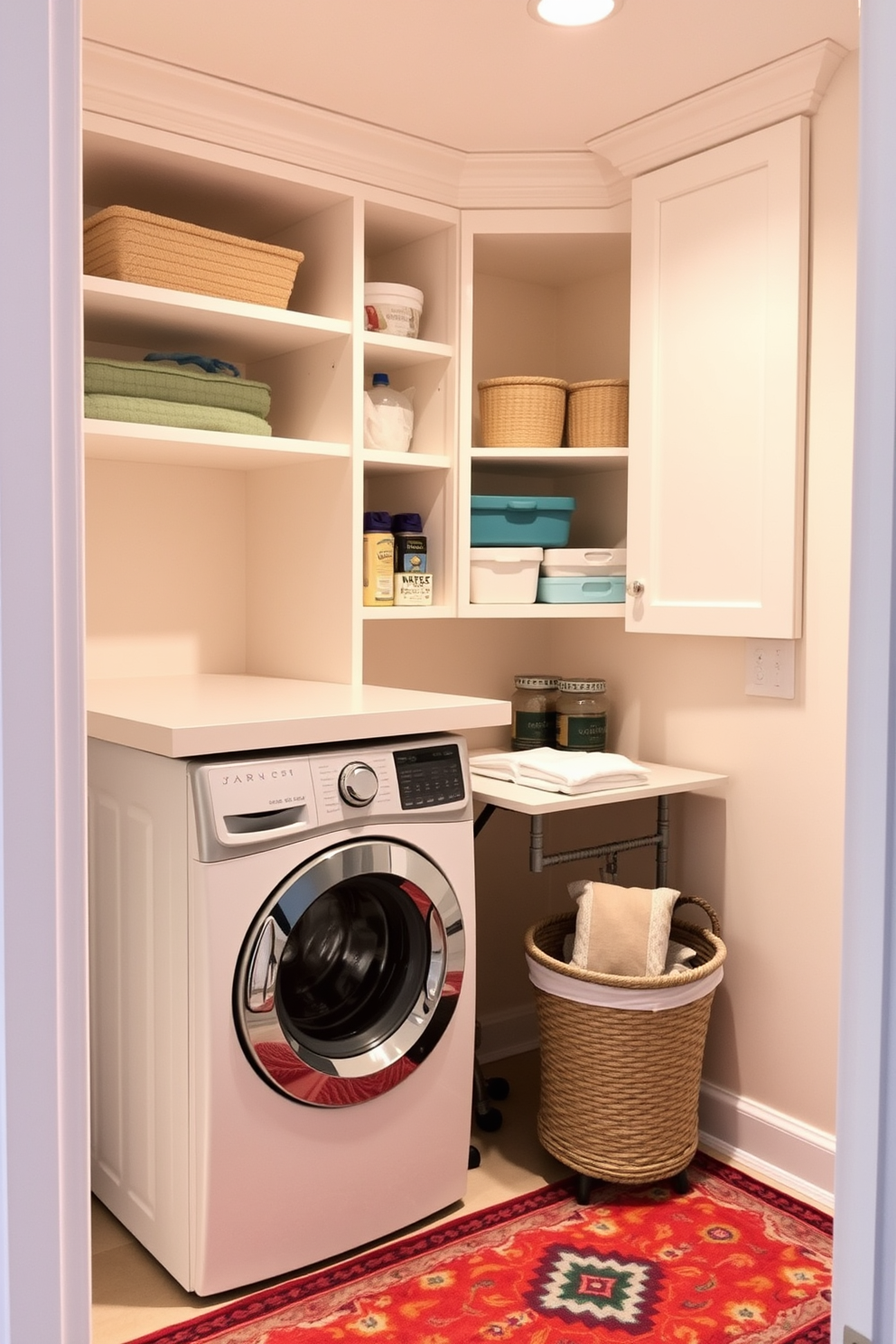 A compact laundry area that maximizes functionality and style. The space features a stacked washer and dryer unit with a sleek countertop above for folding clothes. Bright cabinetry in a light color provides ample storage, while open shelves display neatly organized laundry supplies. A small folding table is positioned next to the appliances, complemented by a decorative basket for sorting clothes. The walls are painted in a soft pastel hue, creating a calming atmosphere. A vibrant rug adds a pop of color and comfort underfoot, enhancing the overall aesthetic of the compact space.