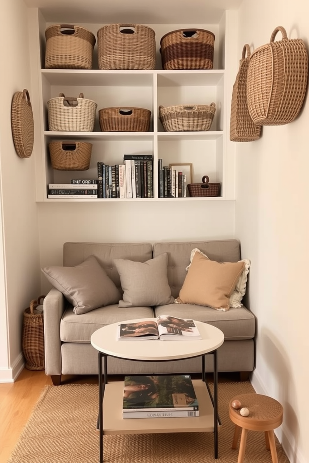 A narrow apartment design featuring decorative baskets for organization. The living area is cozy and inviting, with a soft gray sofa positioned against the wall and a stylish coffee table in front. On the shelves, various decorative baskets are used to store books and magazines, adding texture and warmth to the space. The walls are painted in a light cream color, enhancing the feeling of openness and light throughout the apartment.