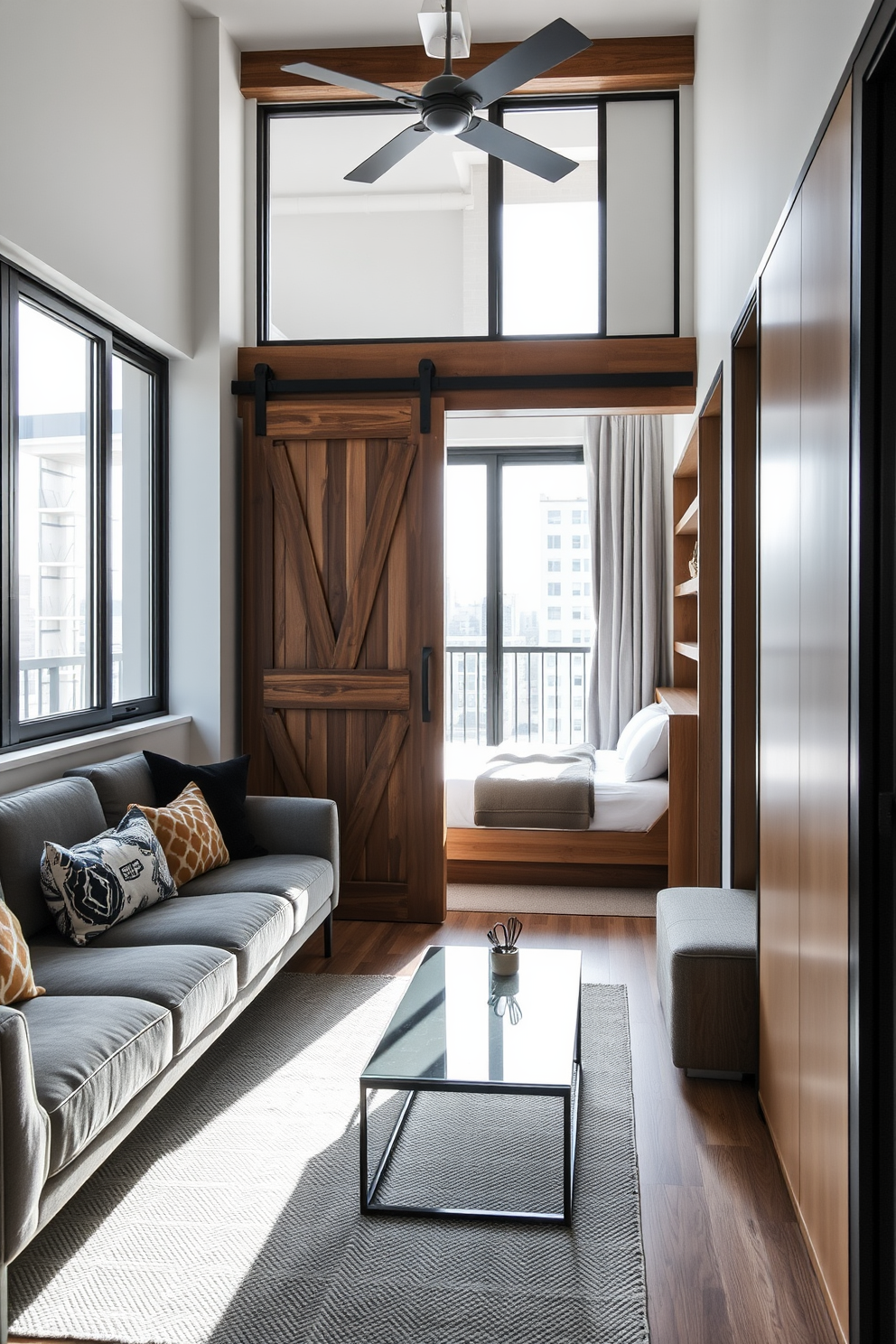 A narrow apartment features a stylish living area with a cozy sofa and a sleek coffee table. A sliding barn door separates the living space from a compact kitchen, adding rustic charm and maximizing space efficiency. The bedroom is designed with a minimalist approach, showcasing a platform bed and built-in shelving. Natural light floods the room through large windows, while a sliding barn door leads to a small balcony, enhancing the sense of openness.