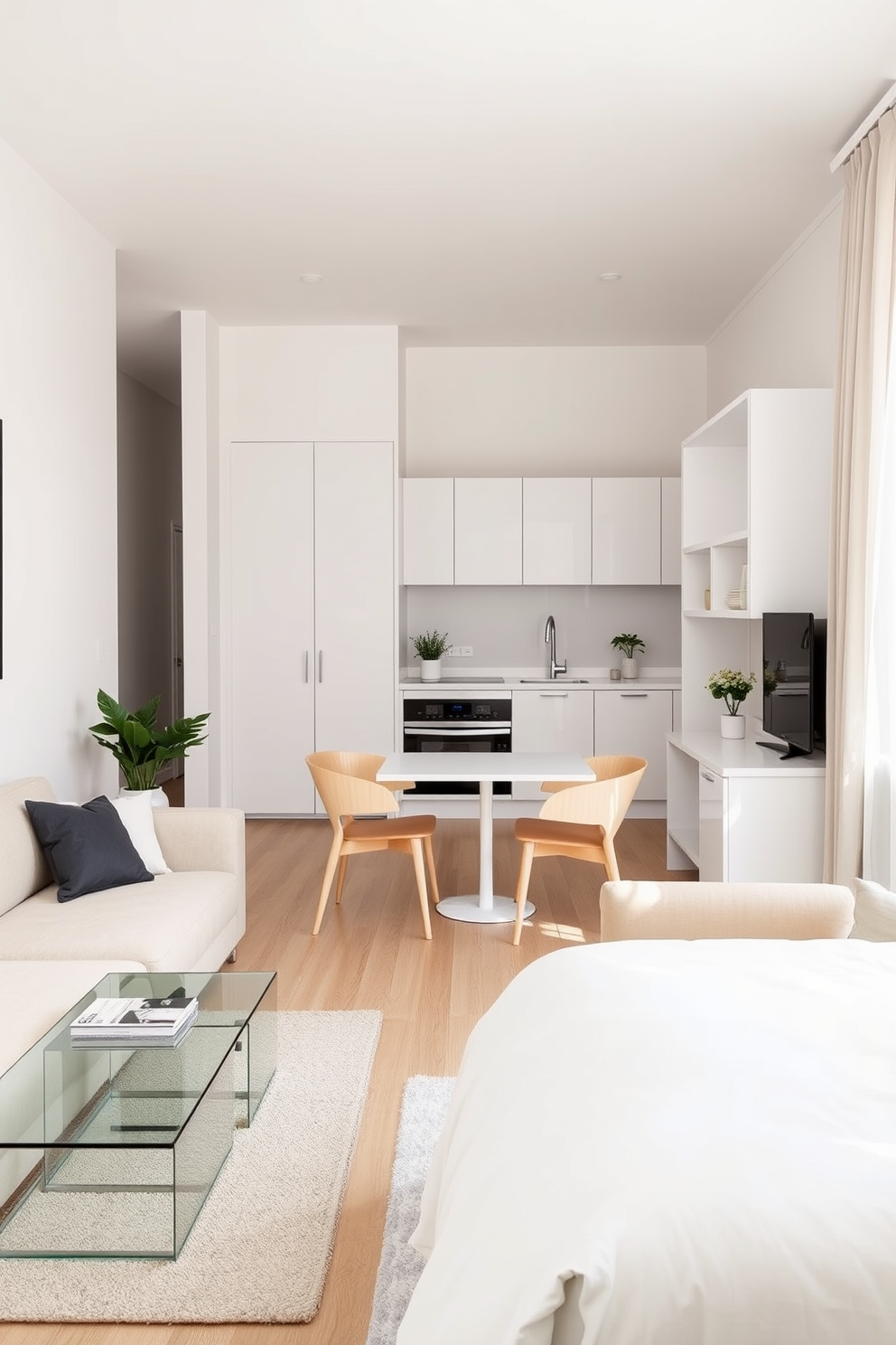 A narrow apartment design featuring light-colored walls and furniture to create an airy and spacious feel. The living area includes a sleek sofa in a soft beige fabric, complemented by a glass coffee table and minimalist decor. The kitchen showcases white cabinetry with open shelving, allowing for decorative storage of dishes and plants. A small dining table with light wood chairs is positioned near a window, enhancing the natural light in the space. In the bedroom, a light pastel color palette is used for the bedding and curtains, promoting a calming atmosphere. A compact desk is placed against one wall, providing a functional workspace without crowding the room.