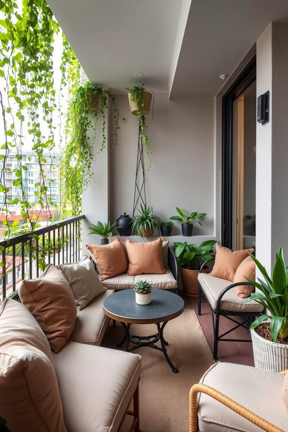 Create a cozy balcony with comfortable seating that invites relaxation. The space features a small round table surrounded by plush cushions and a backdrop of cascading plants for a vibrant touch. Narrow apartment design ideas emphasize maximizing space while maintaining style. Incorporate multifunctional furniture pieces that serve dual purposes to enhance both functionality and aesthetics.