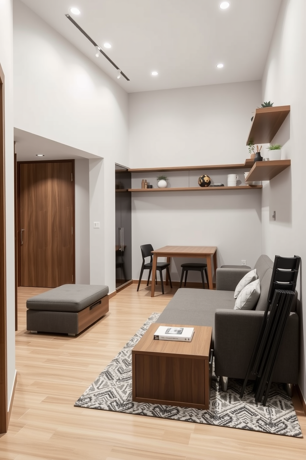 A narrow apartment design featuring multifunctional furniture that maximizes space. The living area includes a sleek sofa that converts into a bed, paired with a compact coffee table that doubles as storage. In the dining space, a foldable table is set against the wall, surrounded by stackable chairs. The walls are adorned with floating shelves that display decorative items while providing additional storage.