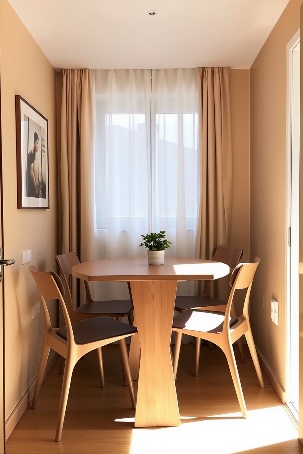A cozy dining area in a narrow apartment featuring a stylish fold-out dining table made of light wood. The table is surrounded by four modern chairs with slim profiles, and the walls are adorned with minimalist artwork to enhance the space. Natural light floods in through a large window dressed with sheer curtains, illuminating the room's warm tones. A small potted plant sits on the table, adding a touch of greenery to the compact yet inviting space.